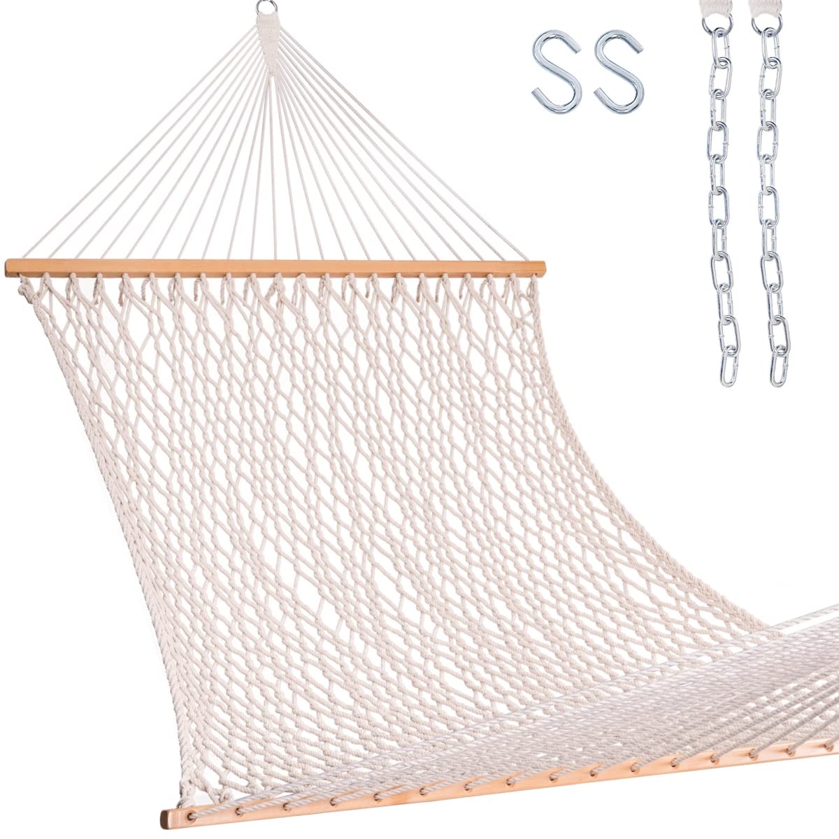 Lazy Daze 13FT Double Rope Hammock - Handwoven Cotton Hammock with Hardwood Spreader Bar for Outdoor, Indoor, Patio, Yard & Poolside - Supports 2 People Up to 450 lbs - Perfect for Relaxing, Lounging & Backyard Getaways (Natural Color)