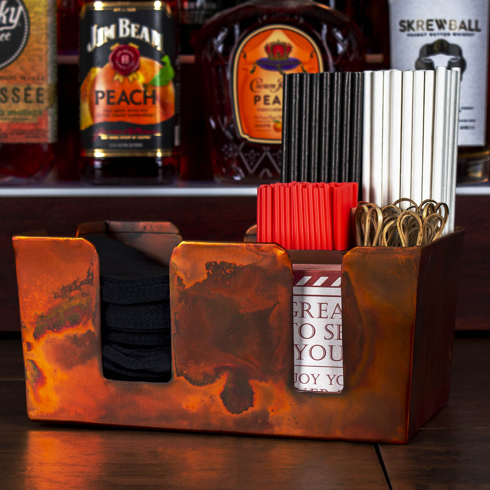 6-Compartment Bar Caddy Organizer - Antique Copper Finish for Wine Bottles, Glasses & Bar Accessories - Perfect for Home Bars, Parties & Kitchen Organization