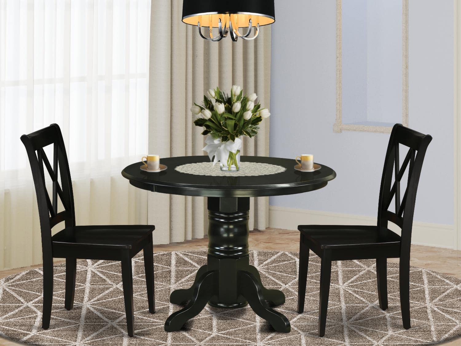 East West Furniture SHCL3-BLK-W 3-Piece Round Dining Table Set with Pedestal Base & 2 Chairs for Small Spaces - 42x42 Inch Black Kitchen & Breakfast Nook Set - Perfect for Apartments, Condos and Cozy Dining Areas