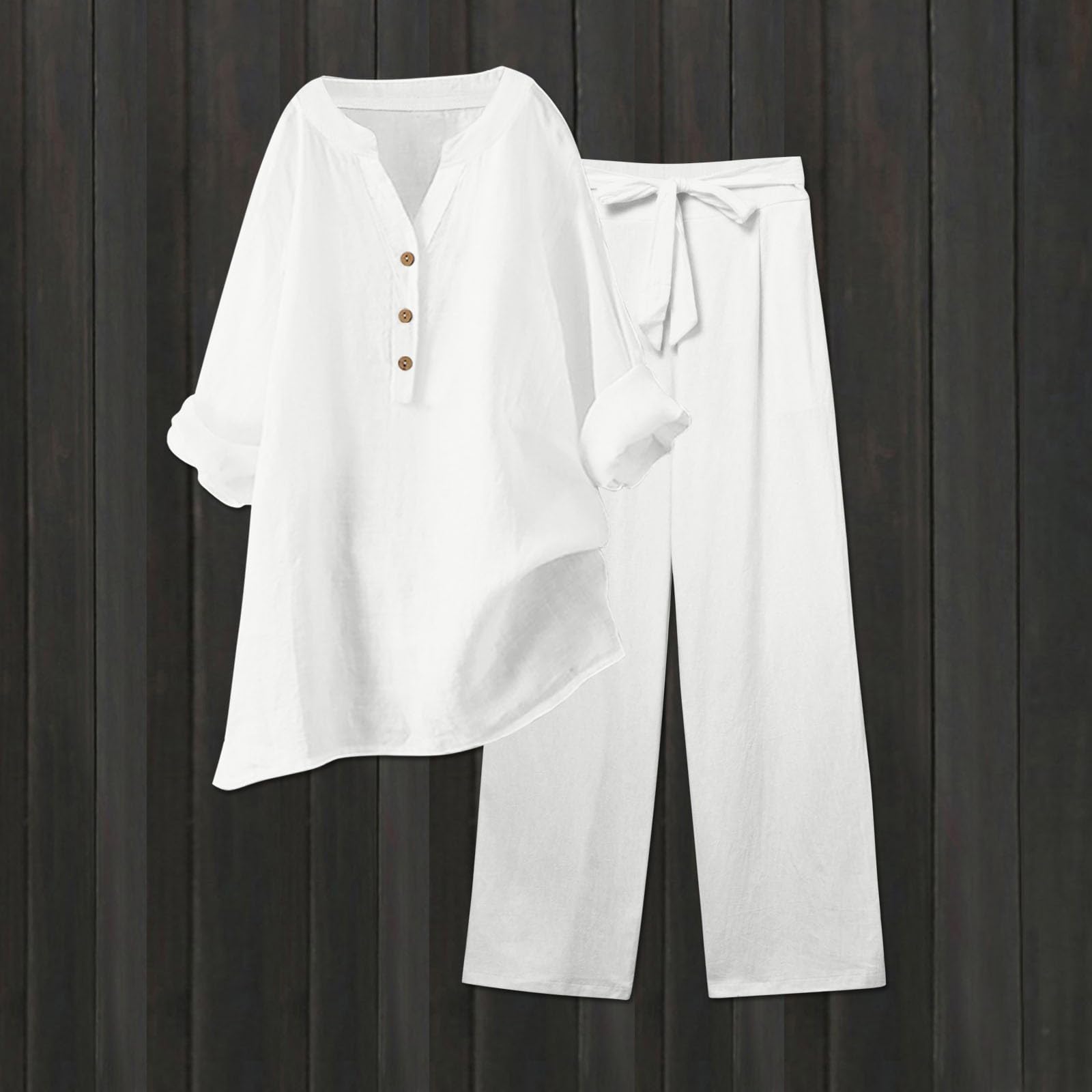 Women's 2-Piece Linen Pants Set - Casual V-Neck Button Down Shirt & High Waist Pants Outfit for Beach, Travel & Summer | Breathable Comfort Outfits for Women