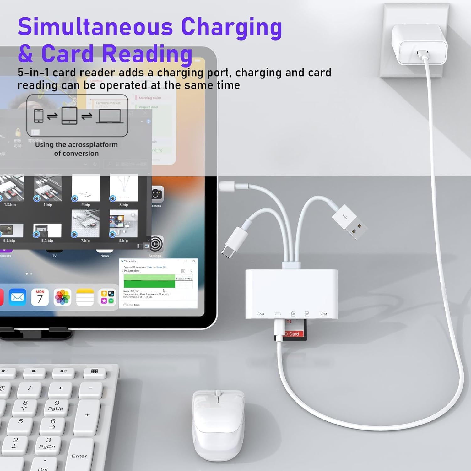 5-in-1 SD/TF Memory Card Reader for iPhone & iPad - MFi Certified USB OTG Adapter with Charging Port | High-Speed Data Transfer for Trail Cameras & Game Cameras | Plug & Play SD Card Viewer | Perfect for Outdoor Photography, Hunting & Wildlife Monitoring