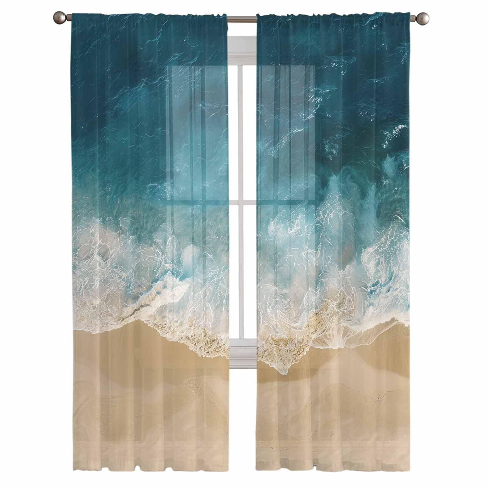 Sheer Voile Curtains 63 Inch Length - 2 Panels Light Filtering Window Drapes with Rod Pocket, Coastal Beach Waves Ocean Design for Kitchen & Living Room - Perfect for Natural Light & Privacy in Bedroom, Dining Area