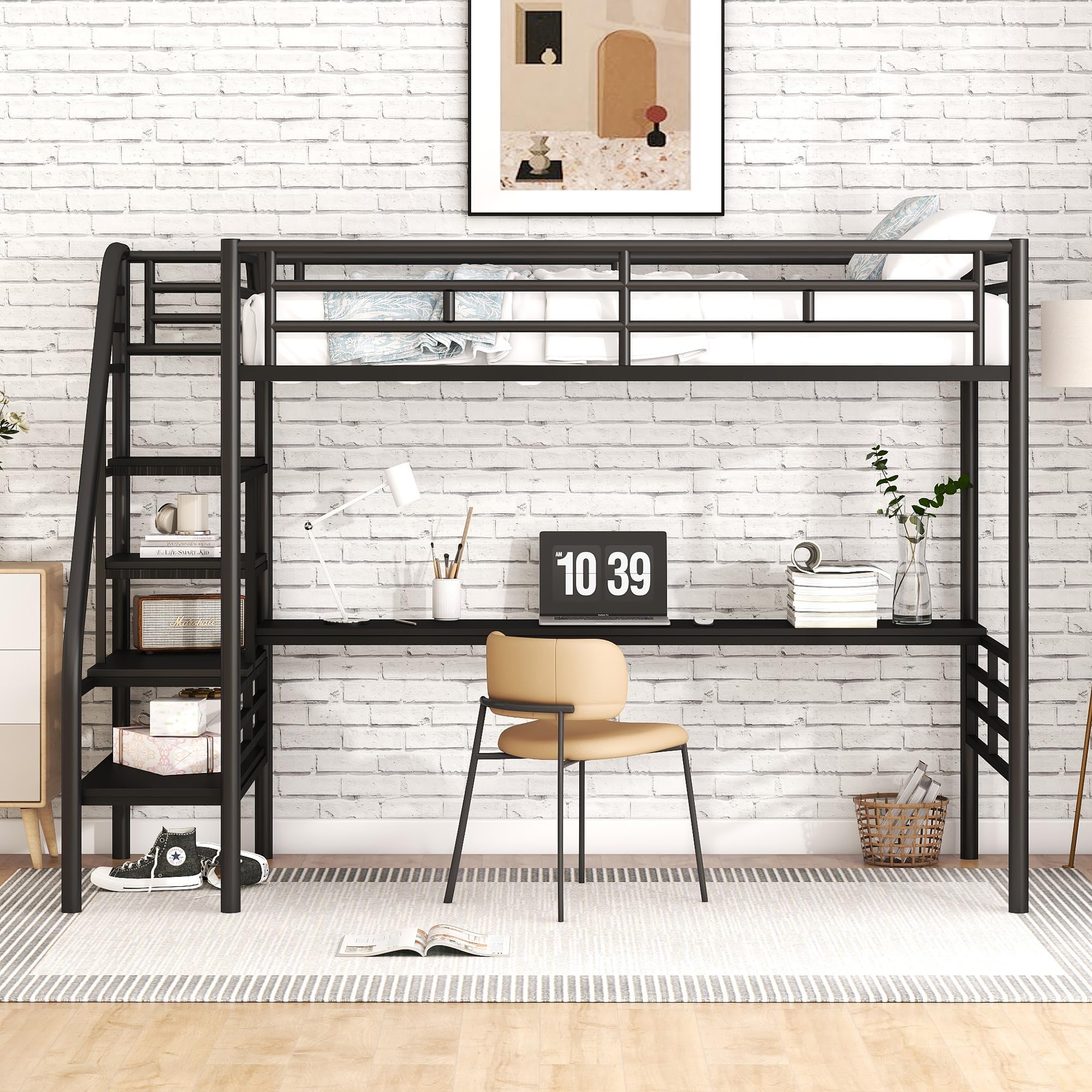 Harper & Bright Designs Twin Size Metal Loft Bed with Stairs, Desk & Workstation - Space Saving Kids & Teens Loft Bed Frame, No Box Spring Needed (Black) - Perfect for Small Bedrooms, Dorm Rooms & Home Offices