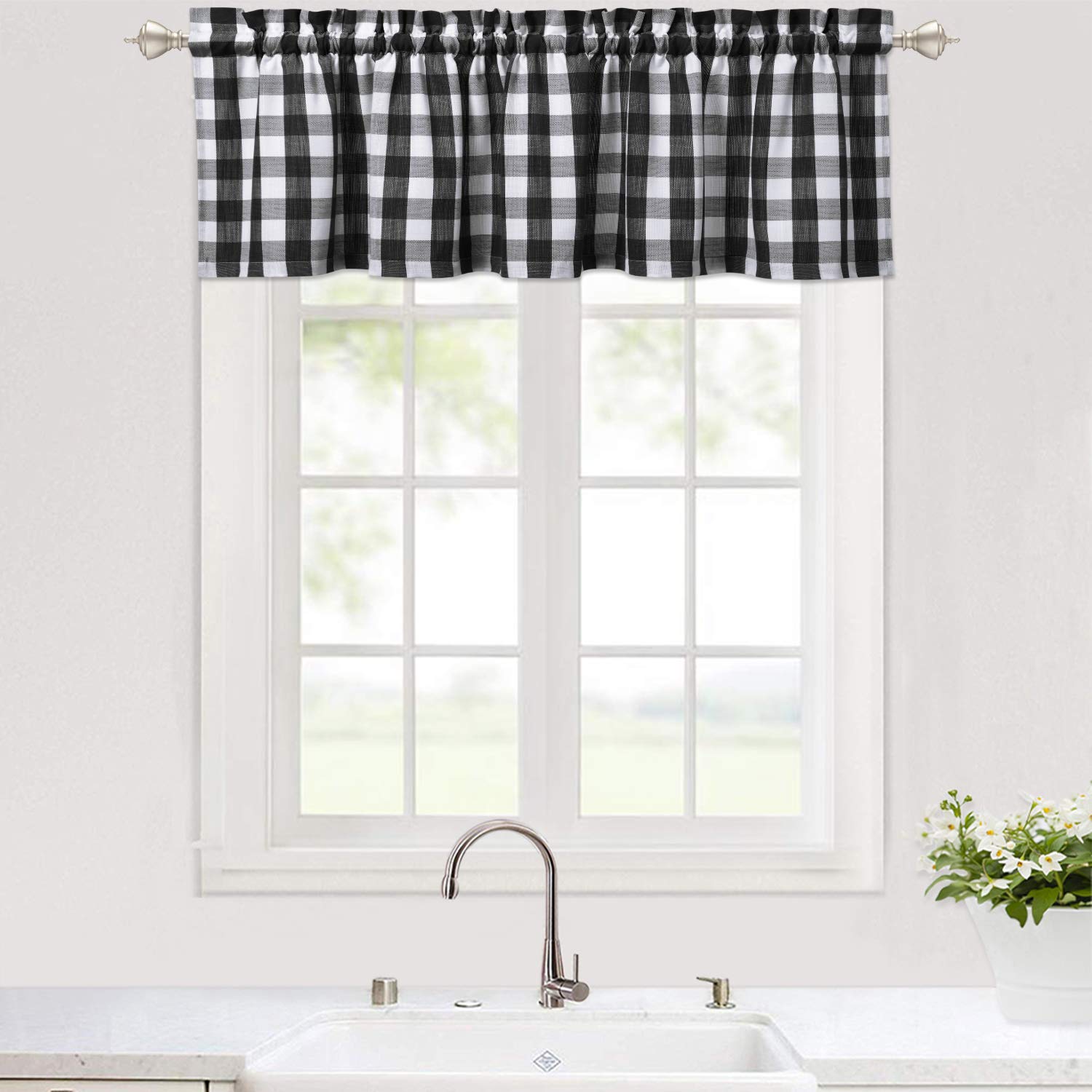 Haperlare Buffalo Check Plaid Gingham Kitchen Cafe Curtains - Black and White Farmhouse Window Valance for Bathroom, Kitchen, Living Room - 56