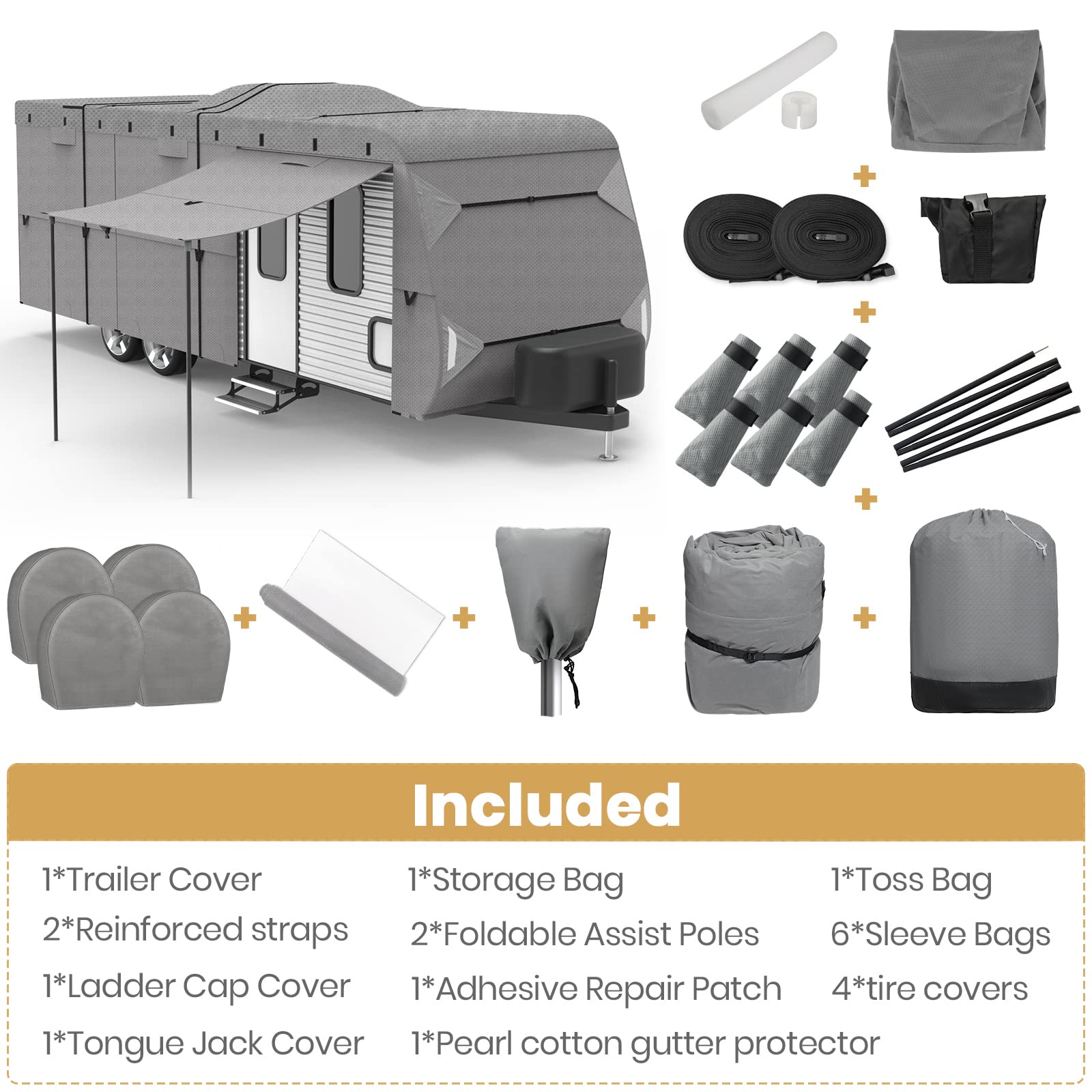 Easy Setup RV Cover - Extra Thick 5-Layer Waterproof Travel Trailer & Camper Cover with Assist Poles (33'-35' Fit, Grey) | All-Weather Protection for Outdoor Storage & Winter Use