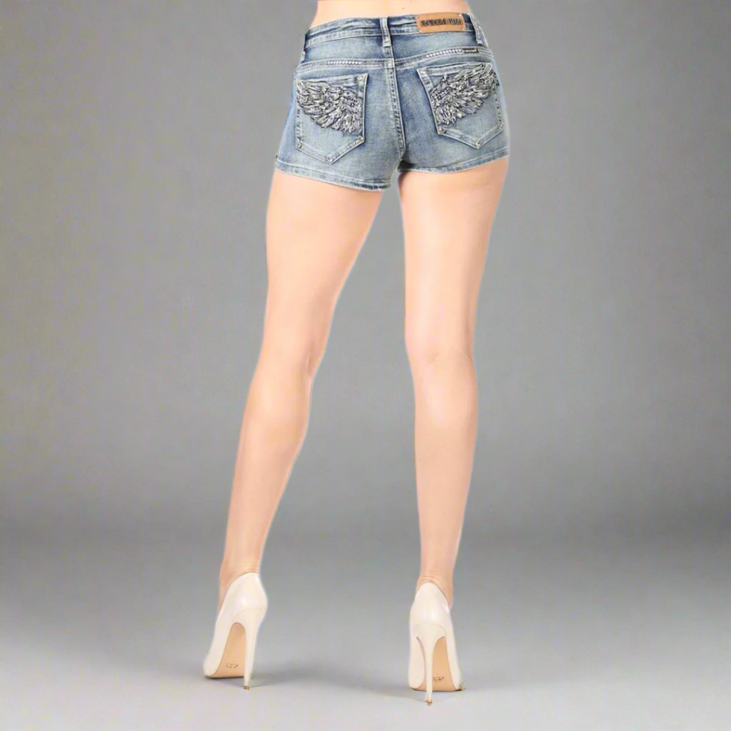 Stylish Women's Rhinestone Angel Wing Denim Shorts for Summer - Perfect for Casual Outings, Beach Trips & Night Out