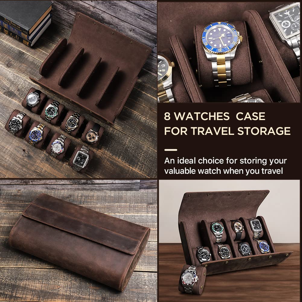 Premium Genuine Leather Watch Roll Travel Case - Holds 8 Watches & Bracelets, Business & Luxury Watch Storage Organizer, Coffee Brown - Perfect for Travel, Business Trips & Watch Collection Display