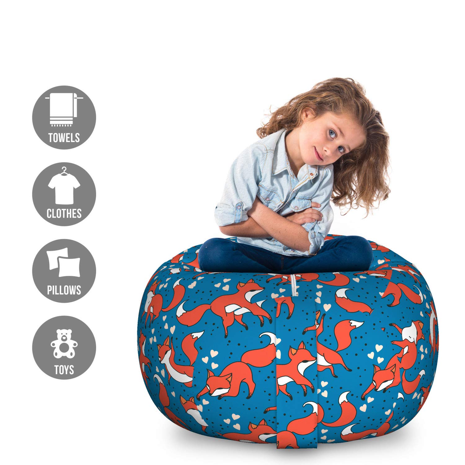 Ambesonne Cartoon Fox Toy Storage Bag Chair with Heart and Dots Pattern - Large Washable Stuffed Animal Organizer for Kids Room, Nursery, Playroom - Dark Salmon Azure Blue