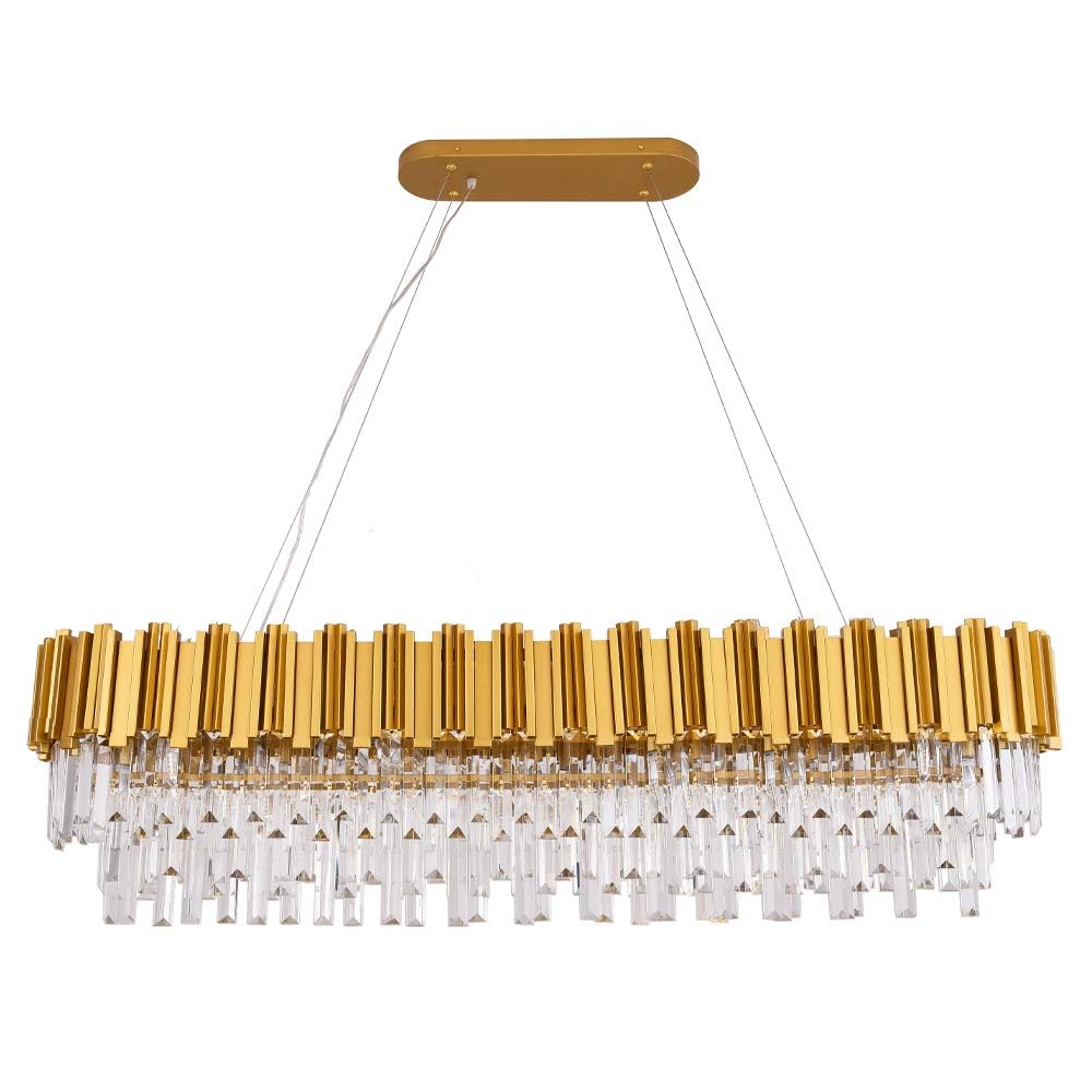 Luxury Modern Crystal Linear Chandelier - Oval Raindrop Pendant Ceiling Light Fixture in Gold | Elegant Lighting for Kitchen Island, Dining Room, Living Room & Bedroom | Perfect for Home Decor, Wedding Venues and Luxury Interior Design