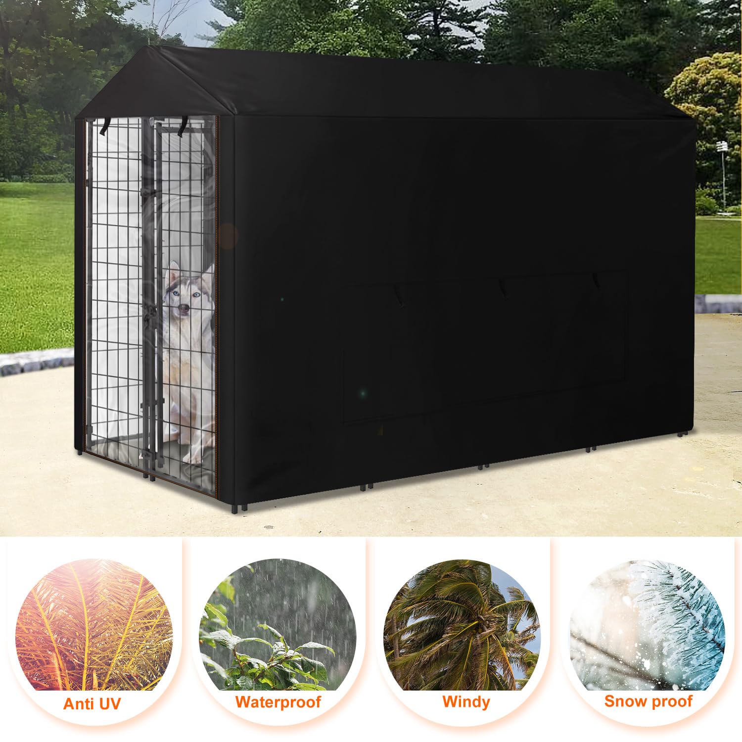 **Large Waterproof Outdoor Dog Kennel Cover with Anti-UV Mesh Window & Clear View Panel - Fully Enclosed Shade for Playpen, Crate, or Patio - Perfect for Sun Protection & Rainy Days**