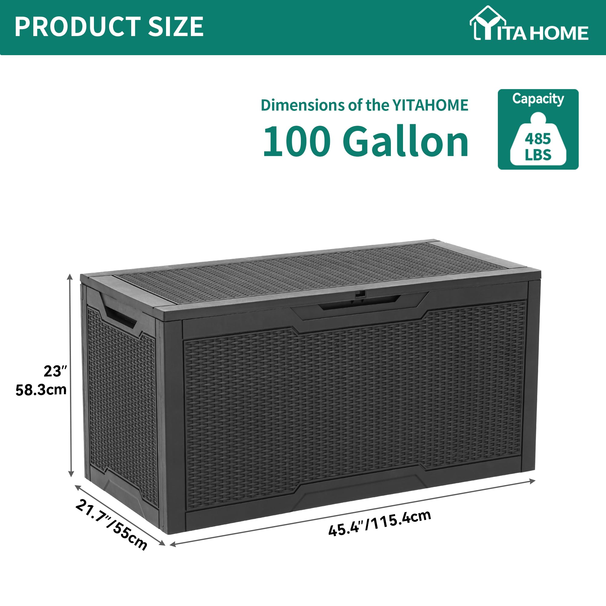 YITAHOME 100 Gallon Large Resin Deck Box - Outdoor Storage Box for Patio Furniture, Cushions, Garden Tools & Pool Supplies - Waterproof & Lockable (Black) - Perfect for Backyard, Deck, and Poolside Organization