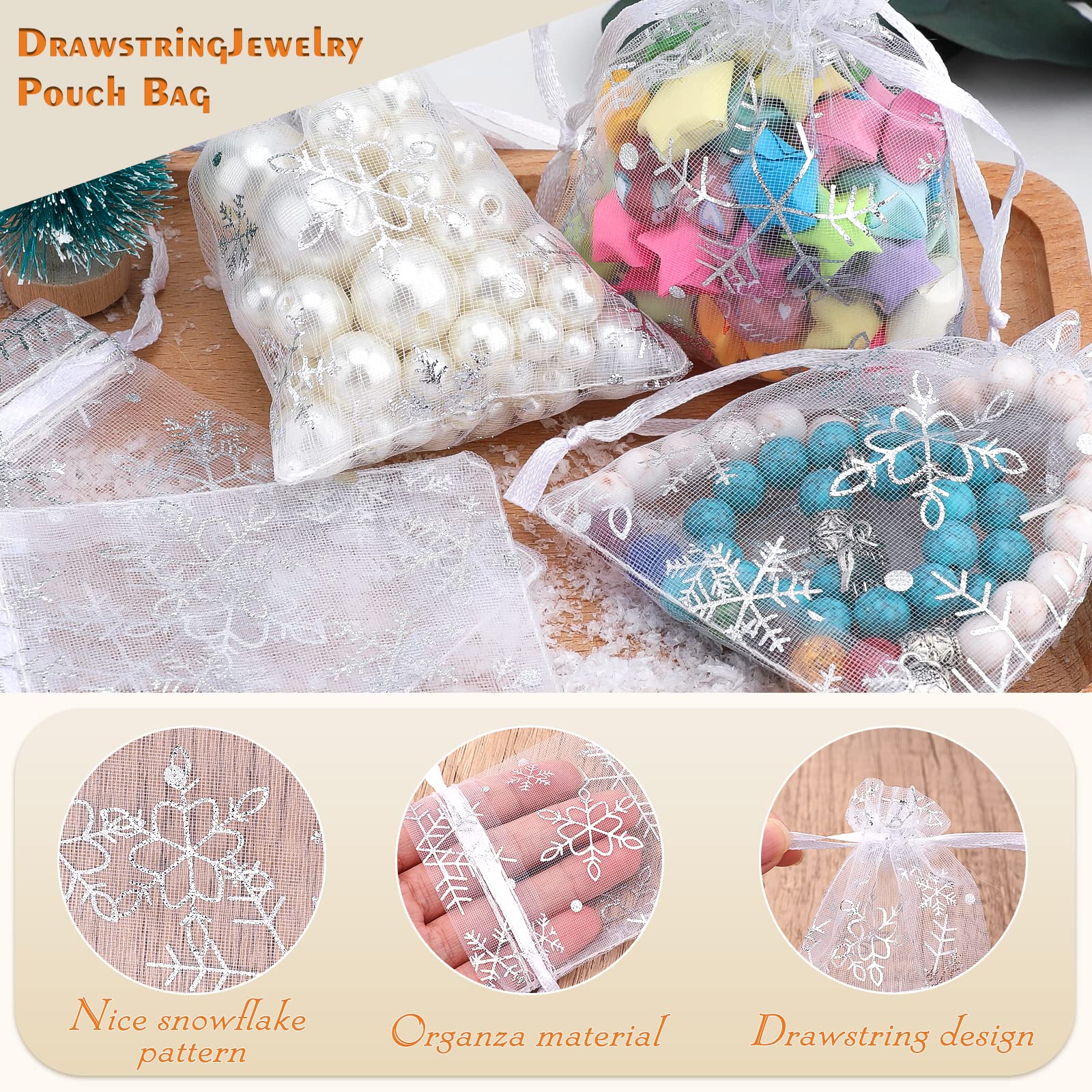 100PCS White Christmas Organza Bags 3x4 inch - Small Snowflake Drawstring Favor Bags for Holiday Gifts, Jewelry, Party Favors - Perfect for Christmas, Winter Weddings & DIY Crafts