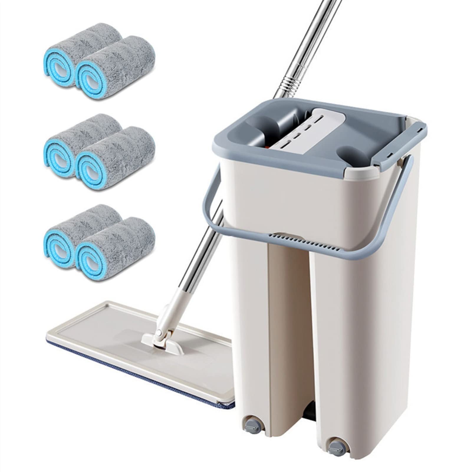 Flat Mop and Bucket Set for Home Cleaning - Stainless Steel Handle with 10 Washable Microfiber Pads (6pcs) - Hands Free Squeeze System for Hardwood, Tile & Laminate Floors - Perfect for Kitchen, Bathroom & Office Cleaning