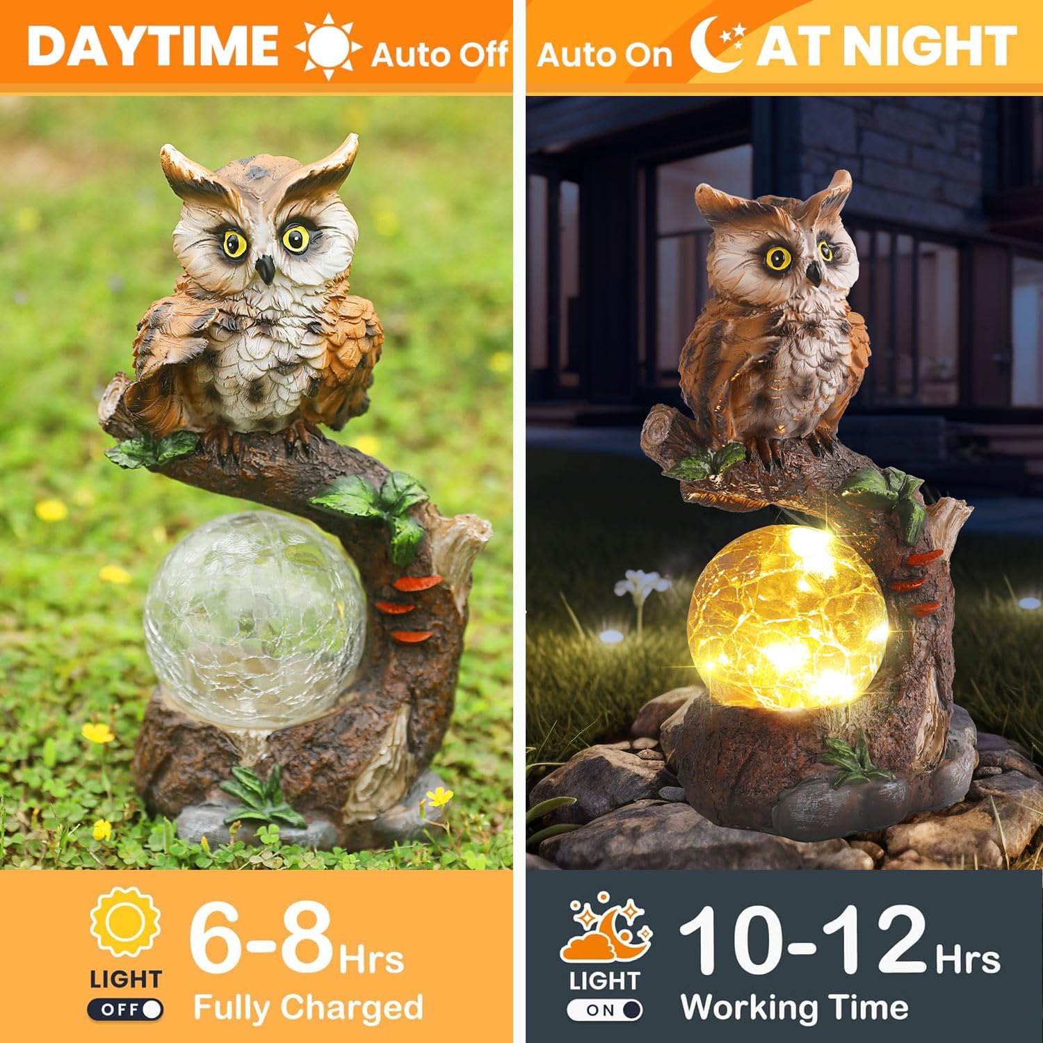 Solar Powered Owl Garden Statue with Glass Ball Light - Outdoor Lawn & Yard Decor, Unique Housewarming Gift for Women & Mothers - Perfect for Patio, Garden Pathways, and Front Porch Decorations
