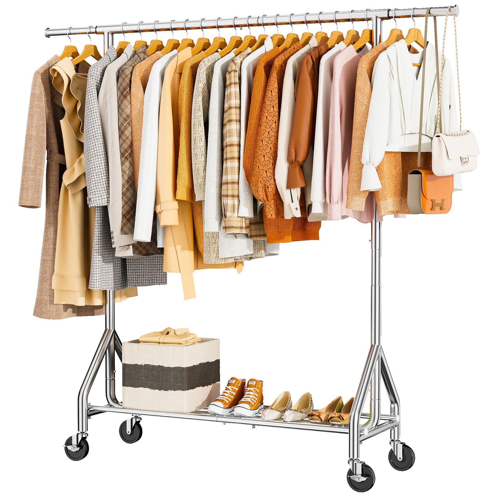 Heavy Duty Garment Rack 450 lbs Capacity - Industrial Strength Metal Clothing Rack with Wheels & Shelves - Portable Wardrobe Storage for Closet, Laundry Room or Retail Store - Silver