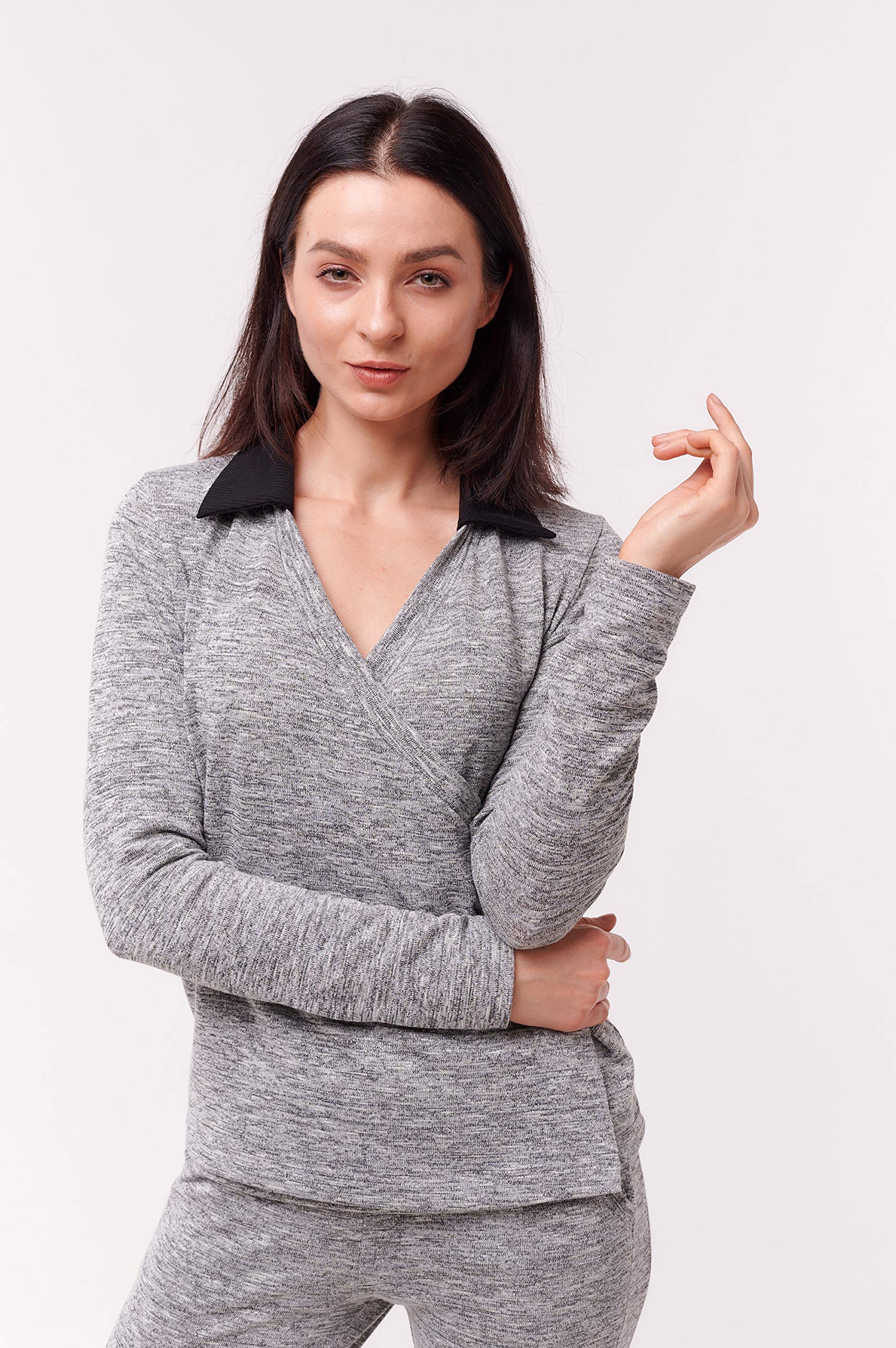 Elegant Silver Wrap Top with Long Sleeves & Collar - Perfect for Office Wear, Date Nights & Casual Outings