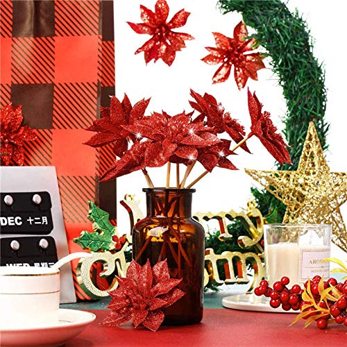 24 Pack Artificial Poinsettia Flowers with Glitter - 3.75 Inch Red Christmas Clip On Ornaments for Tree Decor, Wreaths, Gift Wrapping & Holiday Home Decoration