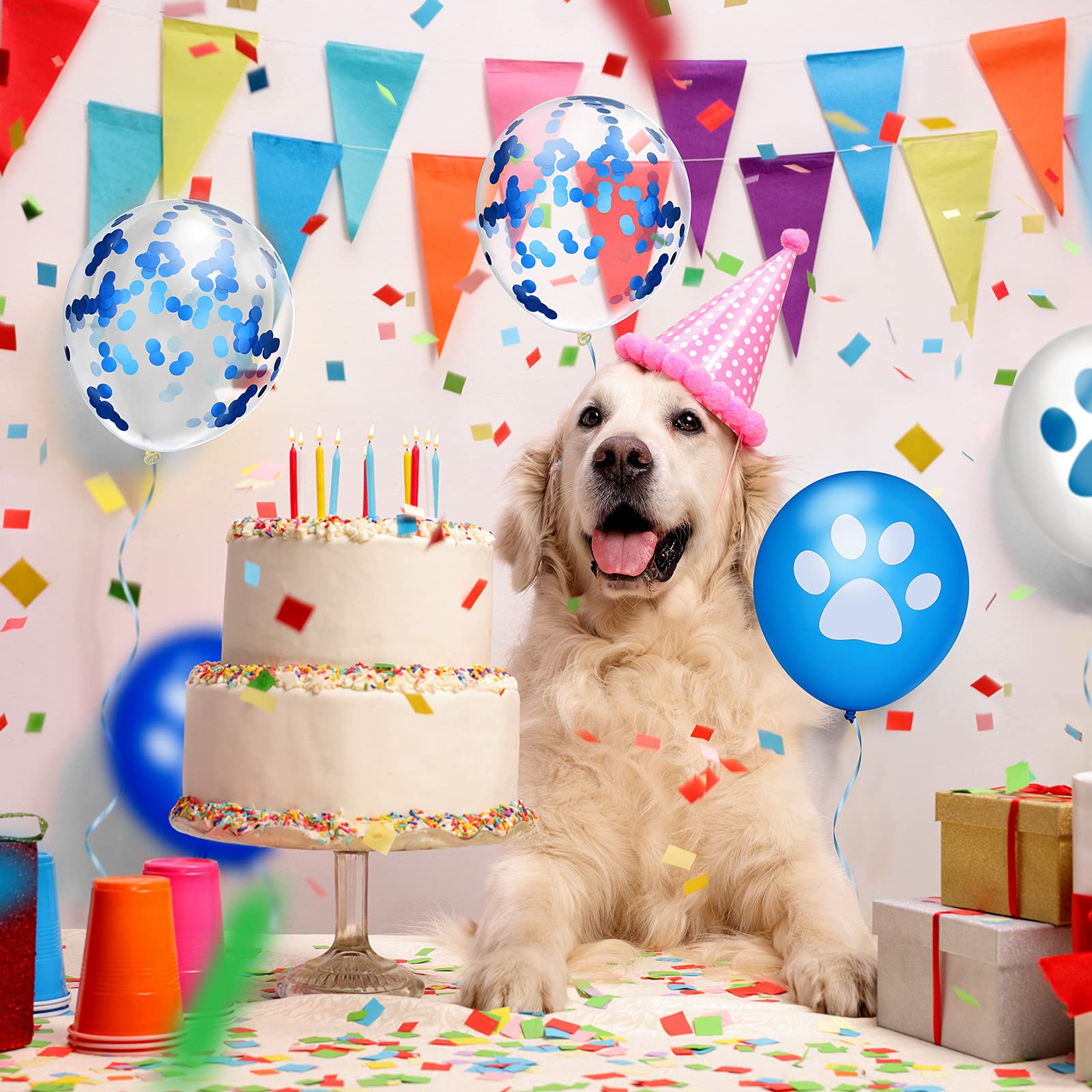 Skylety 36 Pcs 12 Inch Blue & White Paw Print Balloons - Dog Themed Latex Balloons with Confetti & Ribbons for Puppy Birthday, Baby Shower, Graduation Party Decorations | Perfect for Pet Lovers & Animal Theme Celebrations