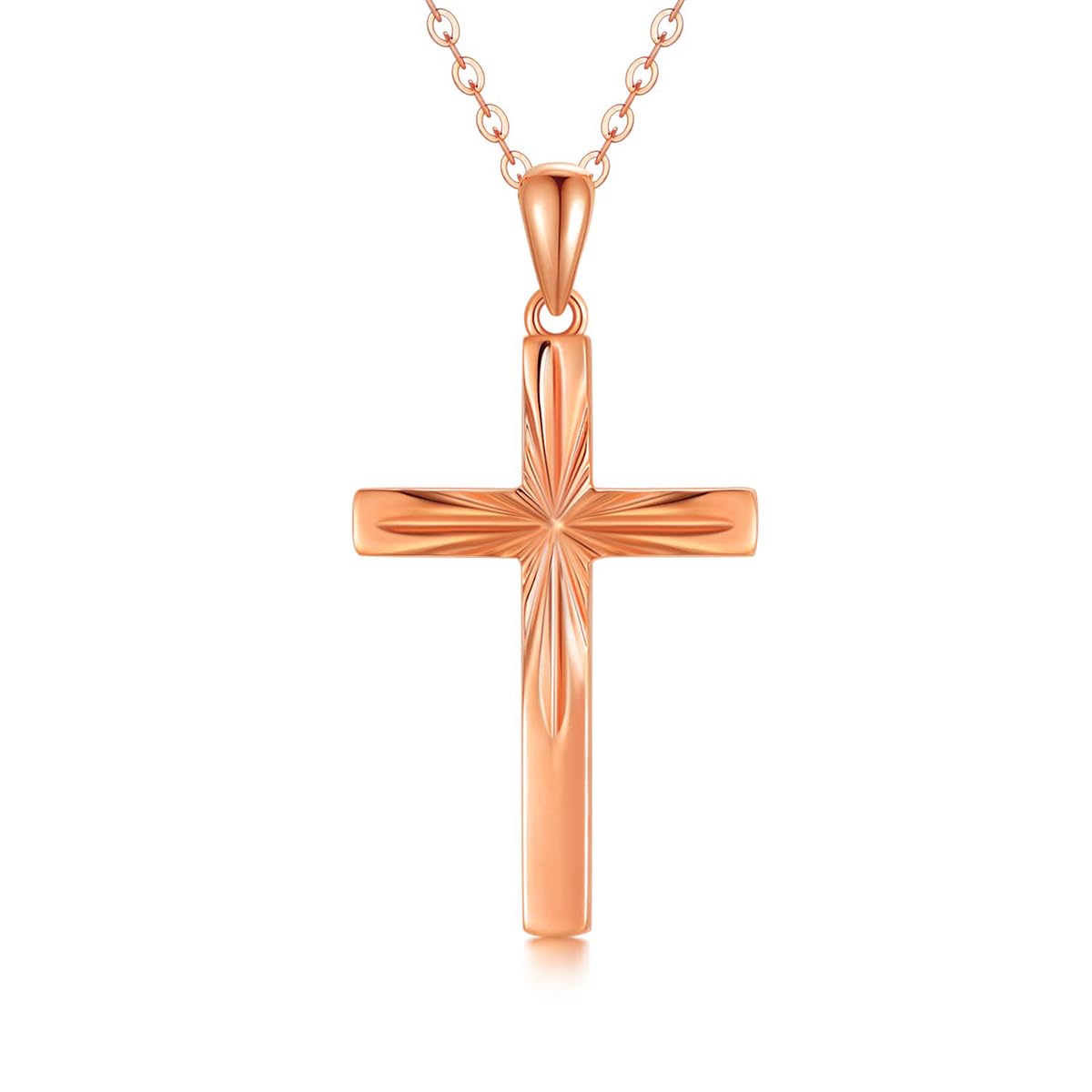 14K Solid Gold Cross Necklace for Women - Delicate Italian Diamond-Cut Religious Pendant, 16