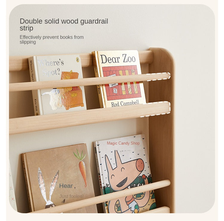 Popar Solid Wood Wall Mounted Bookshelf - Kids Book Storage Organizer for Nursery, Playroom & Classroom - Perfect for Children's Books, Toys & Decor