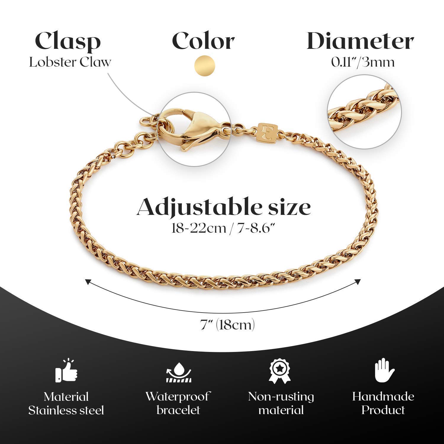 Galis Gold Rope Chain Bracelet for Women & Men - Premium Stainless Steel Unisex Jewelry, Hypoallergenic Gold Plated Non-Tarnish Bracelet, Adjustable Wheat Chain with Lobster Claw Clasp (7