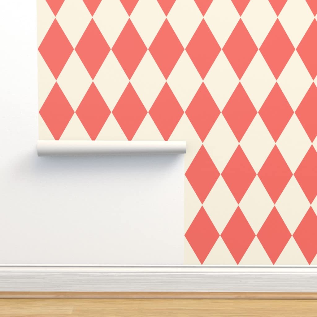 Removable Wallpaper 9ft x 2ft - Diamond Pattern Coral Pink Cream Argyle Design | Feminine Preppy Nursery, Bedroom, or Office Decor | Easy Peel & Stick Application