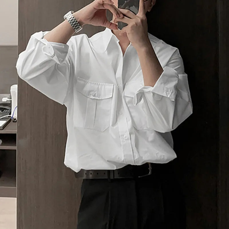 Men's Casual Long Sleeve Shirt - Big Pocket Design, Turn Down Collar, Single Breasted Solid Color Tops for Work & Everyday Wear | Style 9W1224