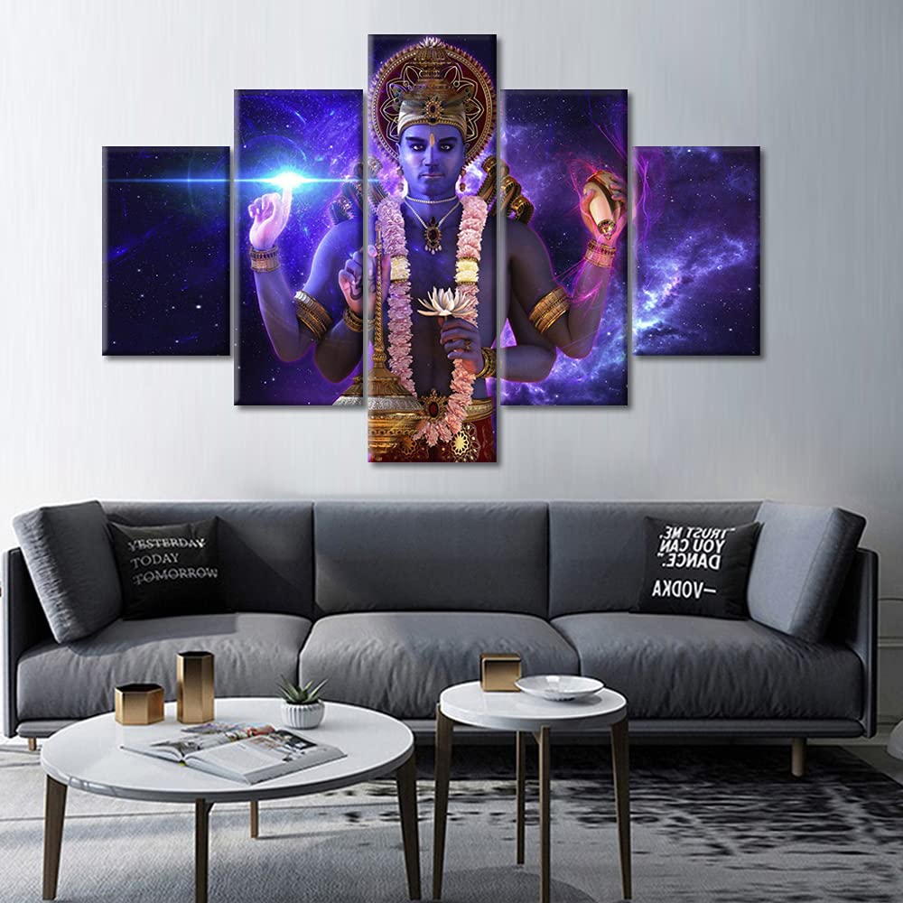 Large 5 Panel Canvas Wall Art - Modern Vishnu Wall Decor for Living Room, Indian Festivity Home Decor, Giclee Wooden Framed Gallery-Wrapped Ready to Hang (60''W x 40''H) - Perfect for Spiritual Spaces, Yoga Rooms & Boho Chic Interiors