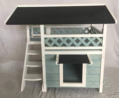 Seny Outdoor Wooden Cat House with Escape Door & Stairs - Blue - Weatherproof & Durable Pet Shelter for Indoor & Outdoor Use - Perfect for Backyard, Garden, or Patio