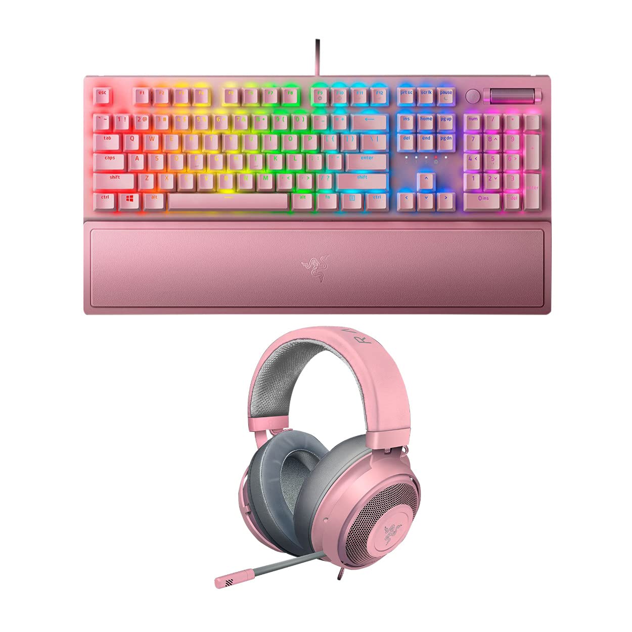 Razer BlackWidow V3 Mechanical Gaming Keyboard with Green Switches & Pink RGB + Kraken Headset Bundle (Renewed) - Perfect for PC Gaming, Streaming & Esports Tournaments