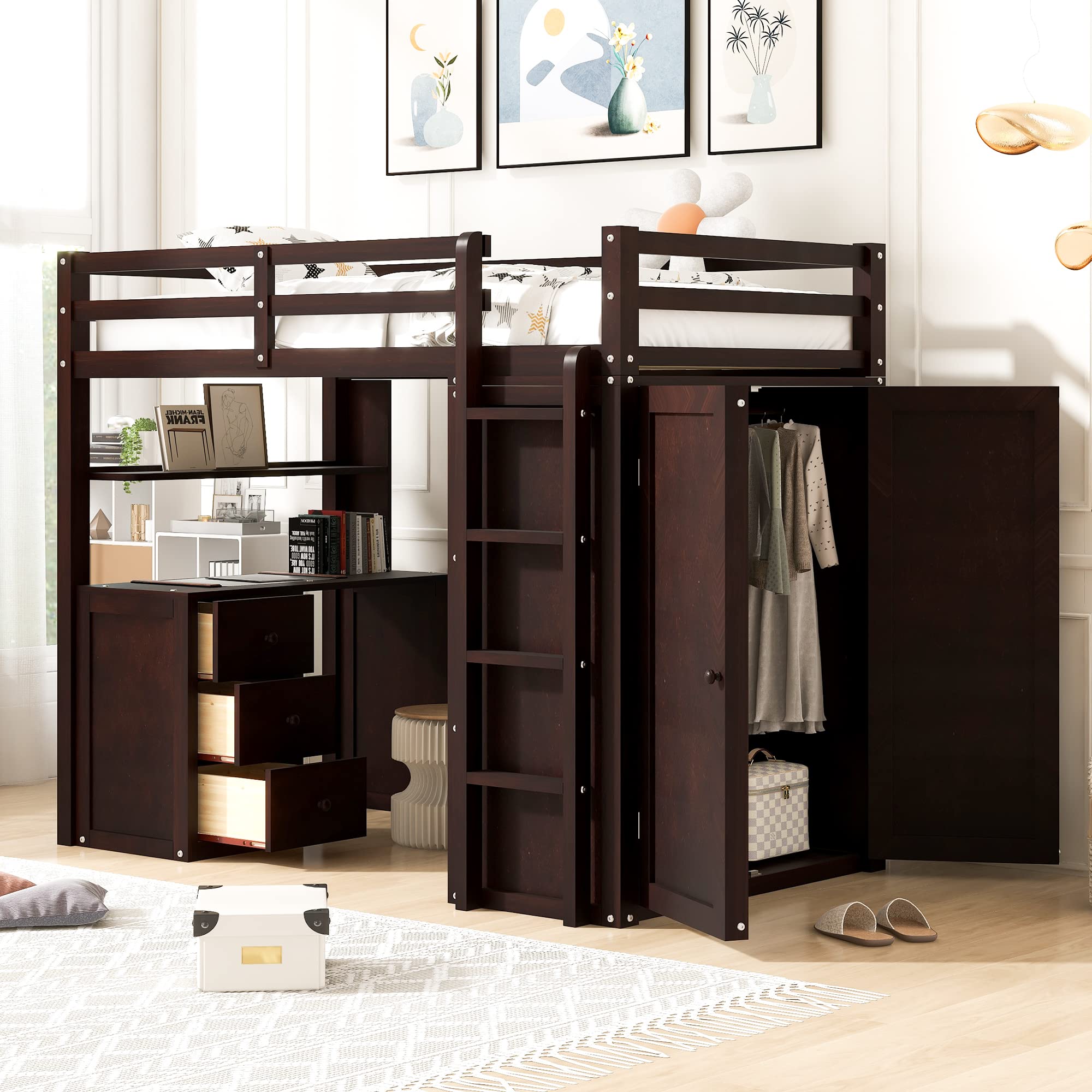 Harper & Bright Designs Twin Size Wood Loft Bed with Desk & Wardrobe - Space-Saving Study Bed with Storage Drawers for Kids & Teens - Perfect for Small Bedrooms, Dorm Rooms & Studio Apartments
