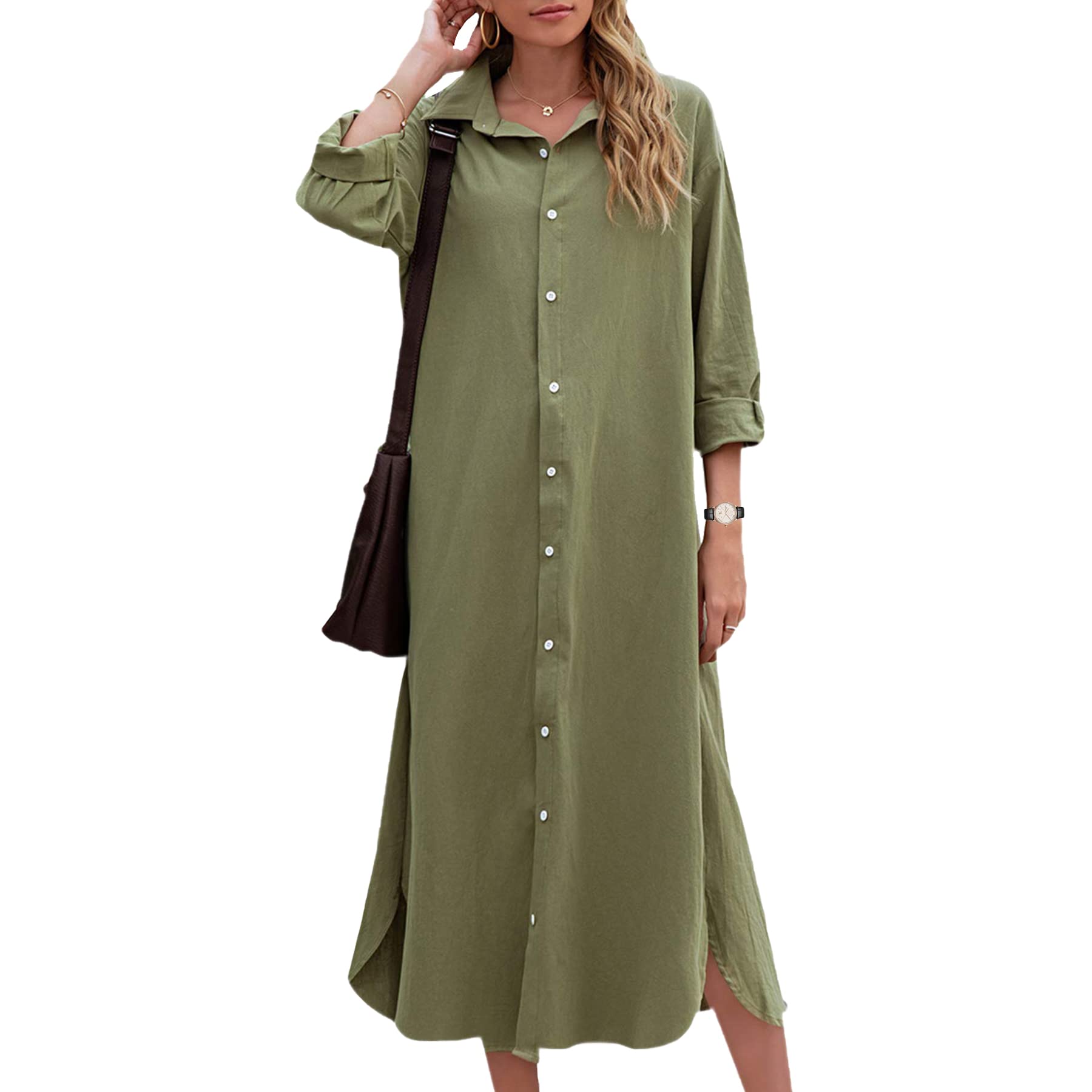 WERLIKE Women's Cotton Linen Lapel Shirt Dress - Long Sleeve Button Down T-Shirt Dress, Casual Loose Fit Maxi Dress for Work, Office, and Summer Outings