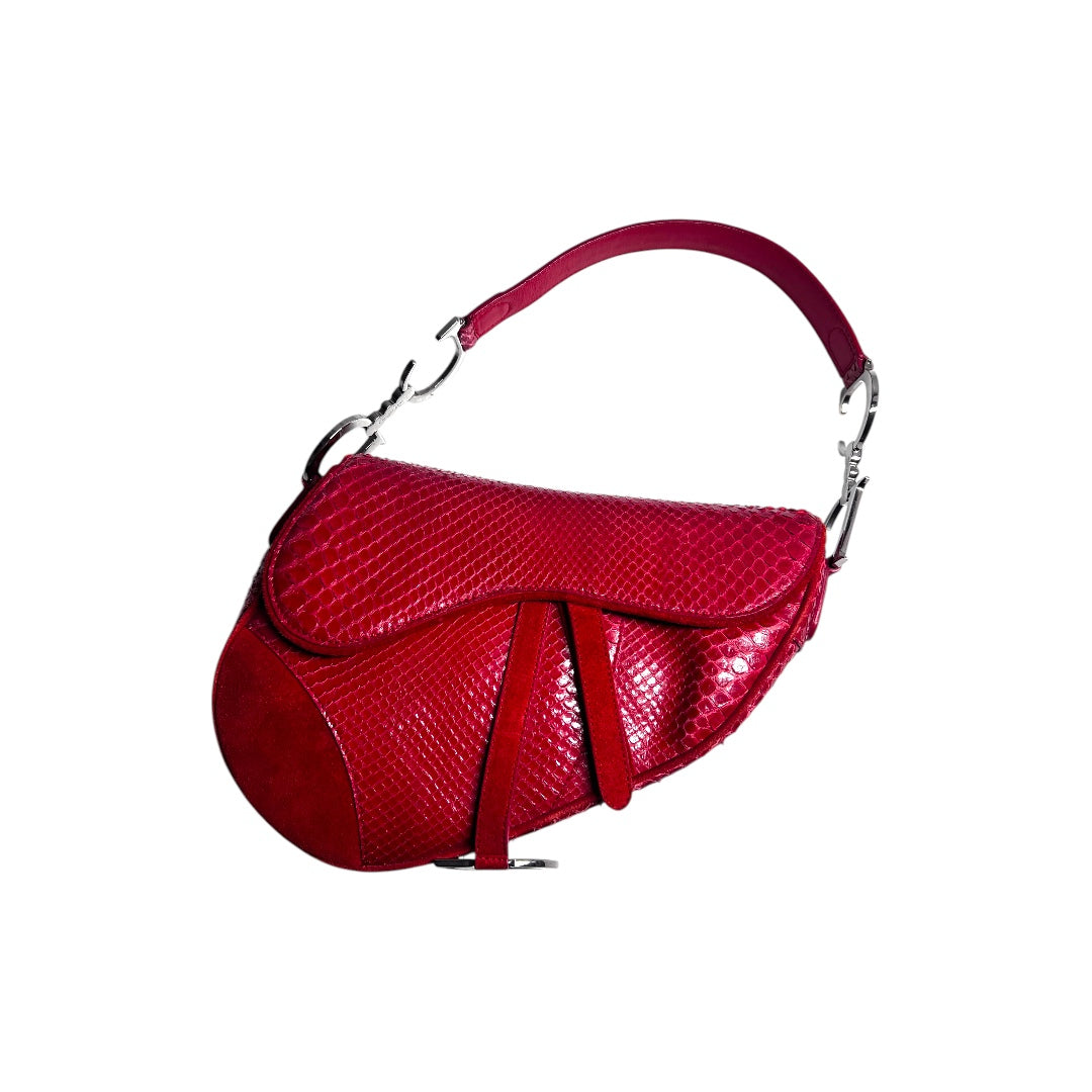 Vintage Dior Red Python Leather with Suede Saddle Bag - Luxury Designer Handbag for Women, Perfect for Evening Parties & Special Occasions
