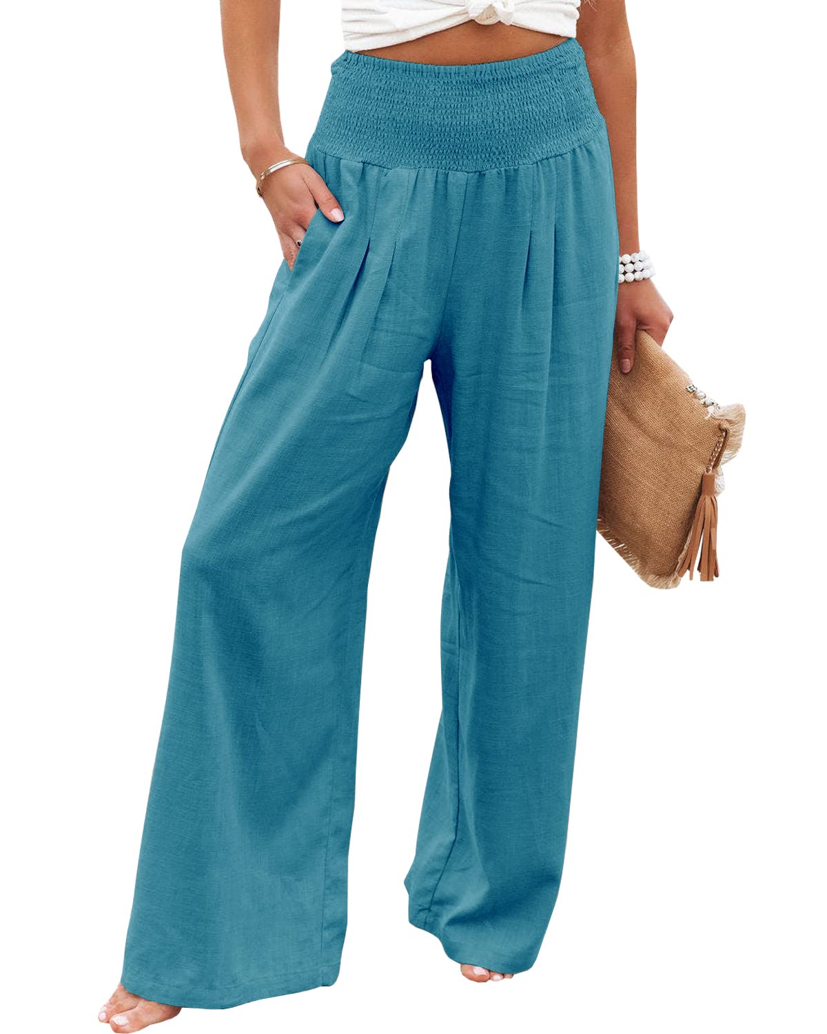 Yanekop Women's High Waist Wide Leg Palazzo Pants - Casual Lounge Trousers with Elastic Smocked Waist & Pockets | Perfect for Yoga, Travel & Home Comfort