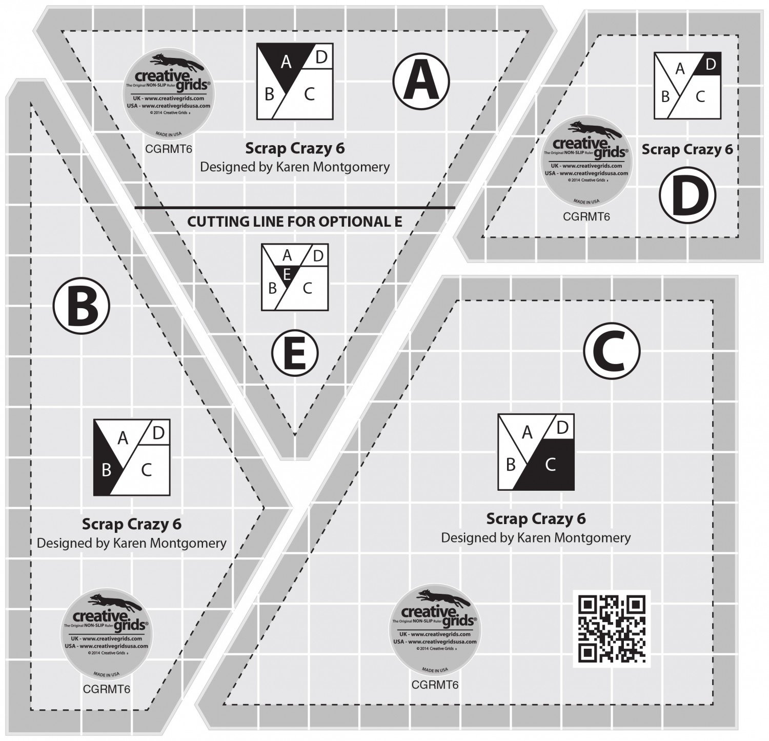 Creative Grids Scrap Crazy 6 Templates Quilt Ruler 4pc Set - CGRMT6 | Precision Quilting Tools for Patchwork & Scrap Quilting | Perfect for DIY Quilting Projects & Fabric Crafts