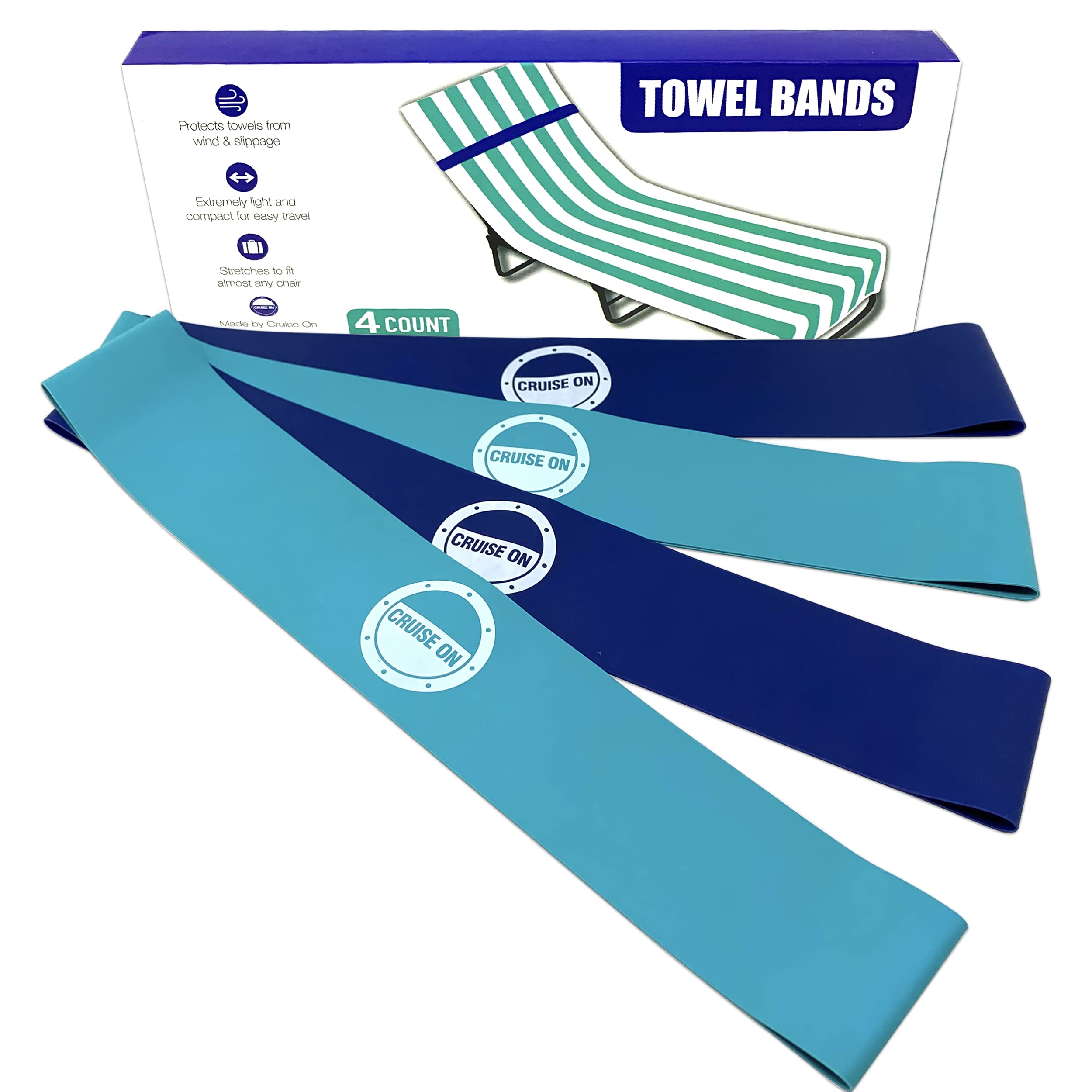 Cruise On Towel Bands for Cruise Chairs (4 Pack) - Secure & Stylish Beach Towel Clips for Pool, Ship & Travel - Blue & Teal - Perfect for 2025 & 2027 Vacations, Essential for Beach, Cruise & Resort Use