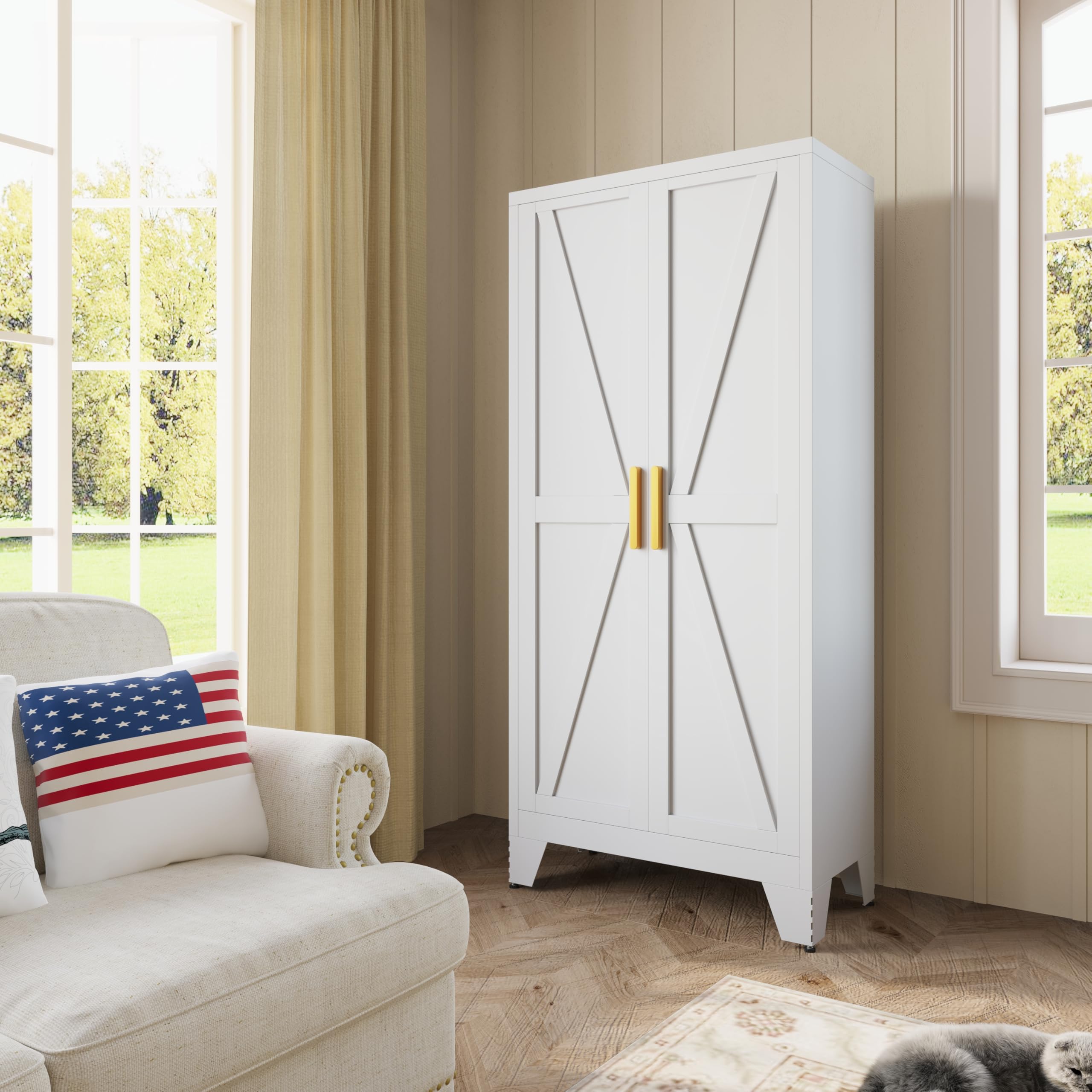 Farmhouse Style White Storage Cabinet with 2 Barn Doors & 3 Adjustable Shelves - 61