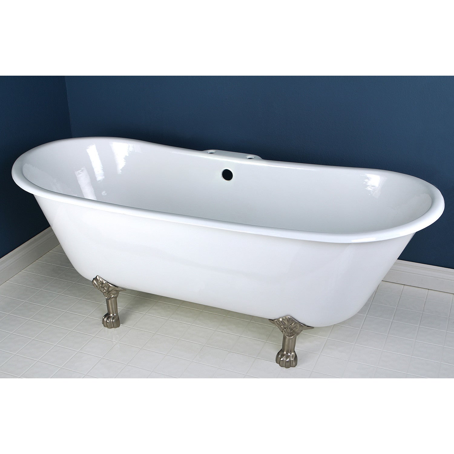 Aqua Eden 67 Inch White Cast Iron Oval Double Slipper Clawfoot Bathtub with Brushed Nickel Faucet Drillings - Vintage Freestanding Soaking Tub for Luxury Bathroom & Spa Relaxation