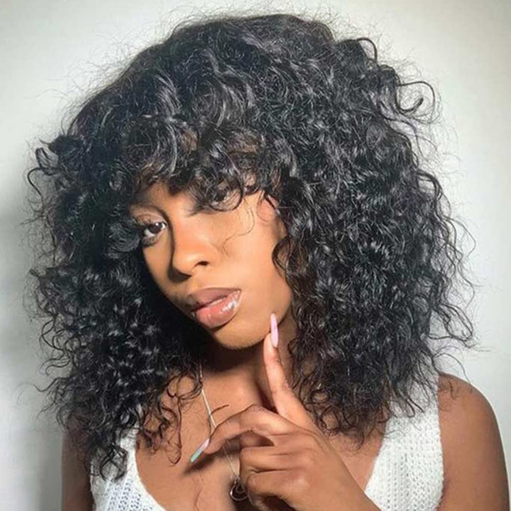 Jerry Curly Human Hair Wigs With Bangs | 200% Density Virgin Brazilian Hair | Glueless Scalp Base Top Full Machine Made Wig | Natural Color 16 Inch | Perfect for Black Women | Great for Daily Wear, Parties & Special Occasions