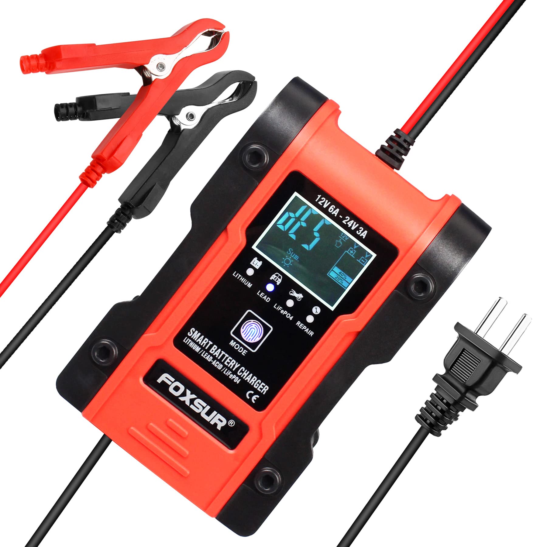 12V 6A & 24V 3A Smart Battery Charger Maintainer for Car, Truck, Motorcycle, Boat, ATV - Compatible with Lithium, LiFePO4, Lead-Acid & Deep Cycle Batteries - Perfect for Home Garage, Road Trips & Marine Use