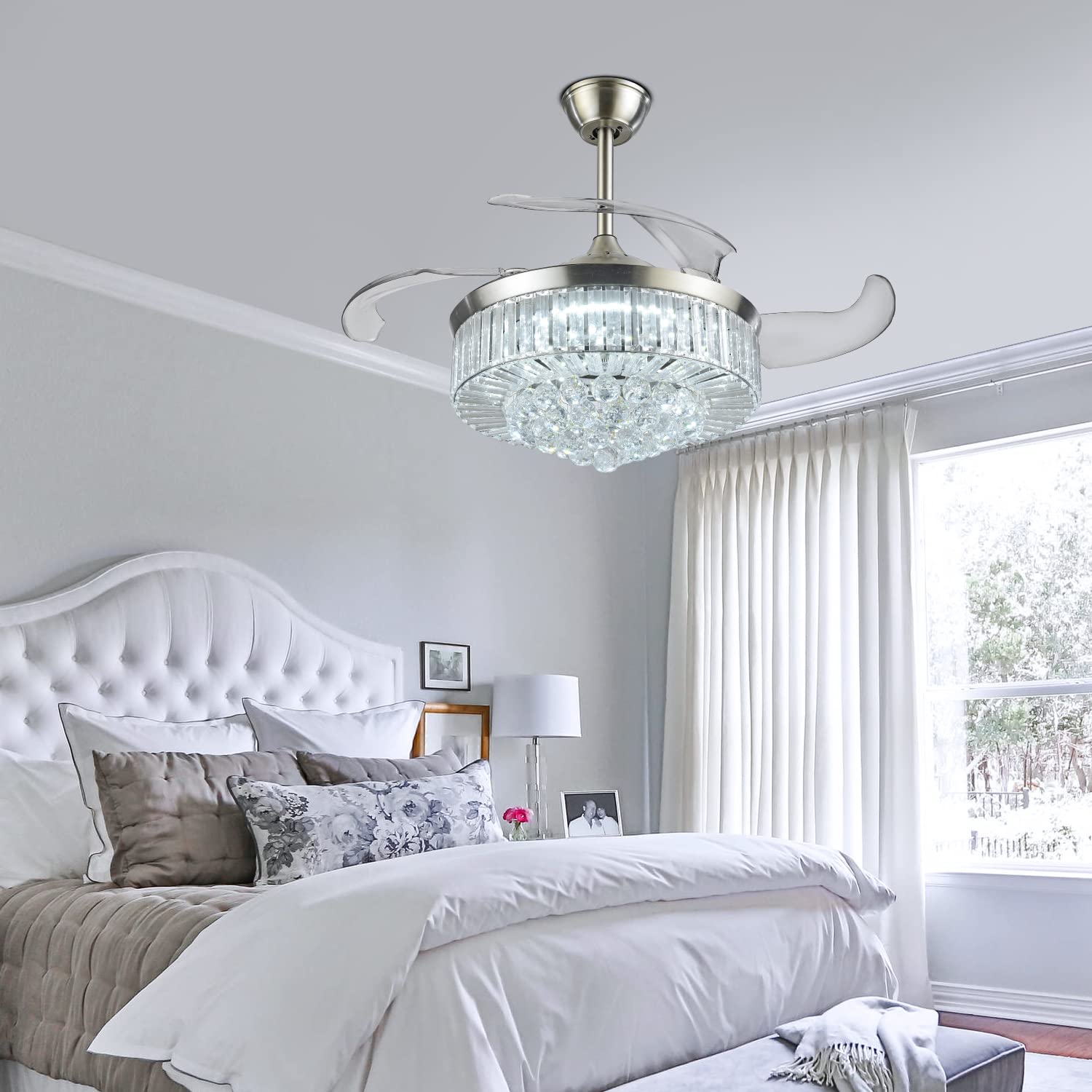 42 Inch Retractable Ceiling Fan with Lights - 6 Speed Modern Crystal Chandelier Fandelier, Reversible Motor for Bedroom, Living Room & Office - Perfect for Home Cooling and Stylish Lighting Decor