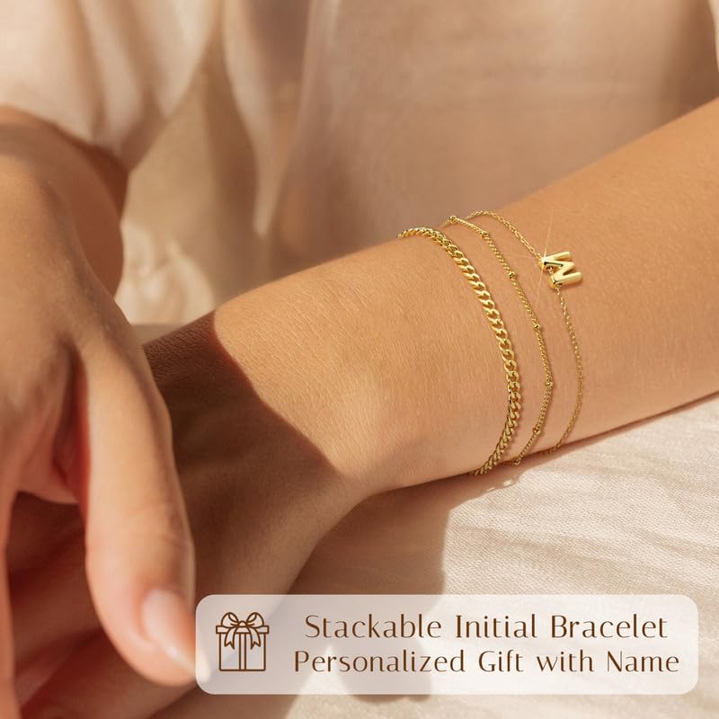 3 Pcs 14K Gold Plated Initial Bracelets for Women - Stackable Letter Charm A-Z Monogram Bracelet Set, Anti Tarnish Jewelry Gifts for Her - Perfect for Birthday, Anniversary, Valentine's Day & Everyday Wear