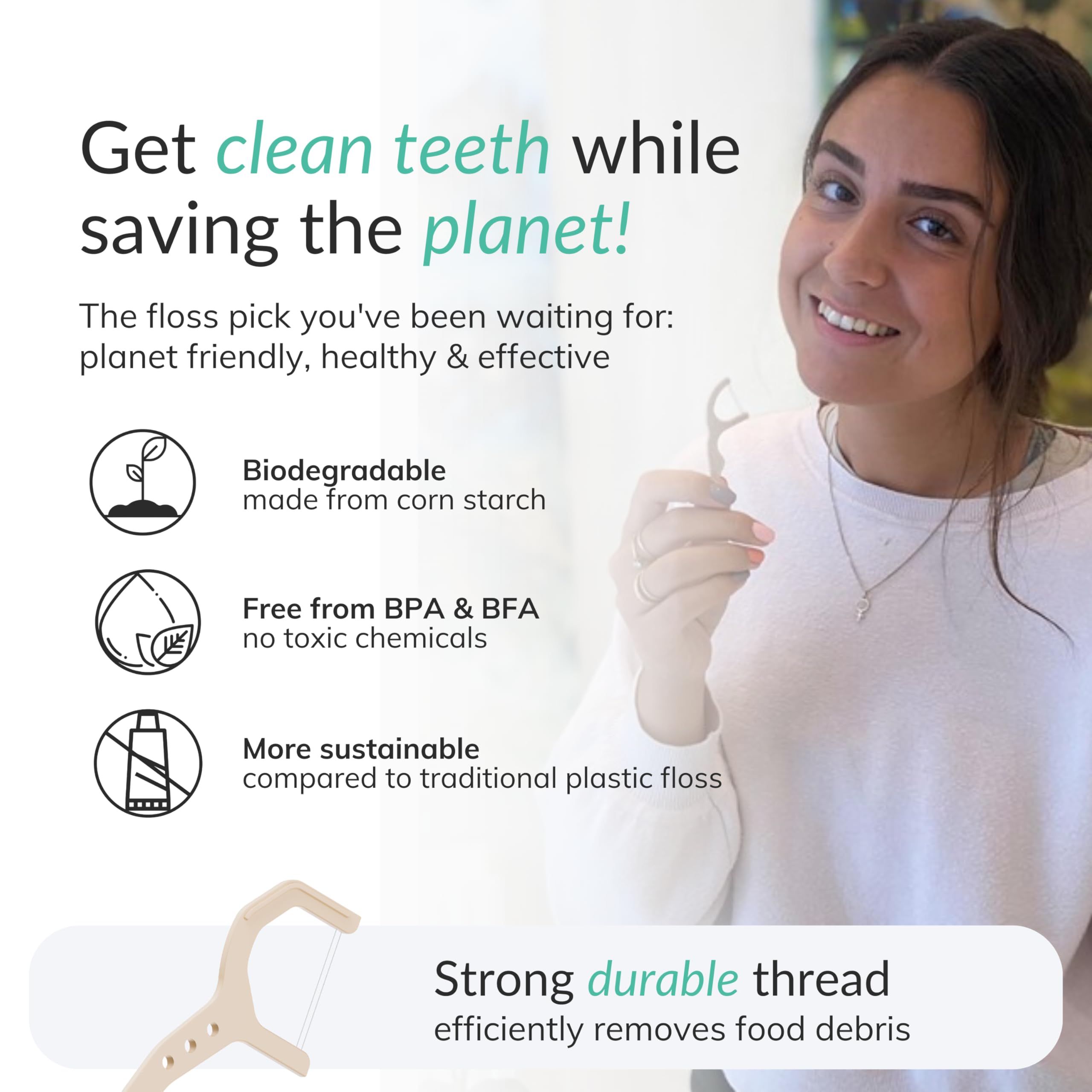 Eco-Friendly Biodegradable Dental Floss Picks (100 Count) - Natural Bamboo, Vegan, Sustainable & Reusable Teeth Cleaning Flossers - Plant-Based, Non-Toxic & Shred-Resistant for Healthy Gums - Perfect for Travel, Home & Office Oral Care