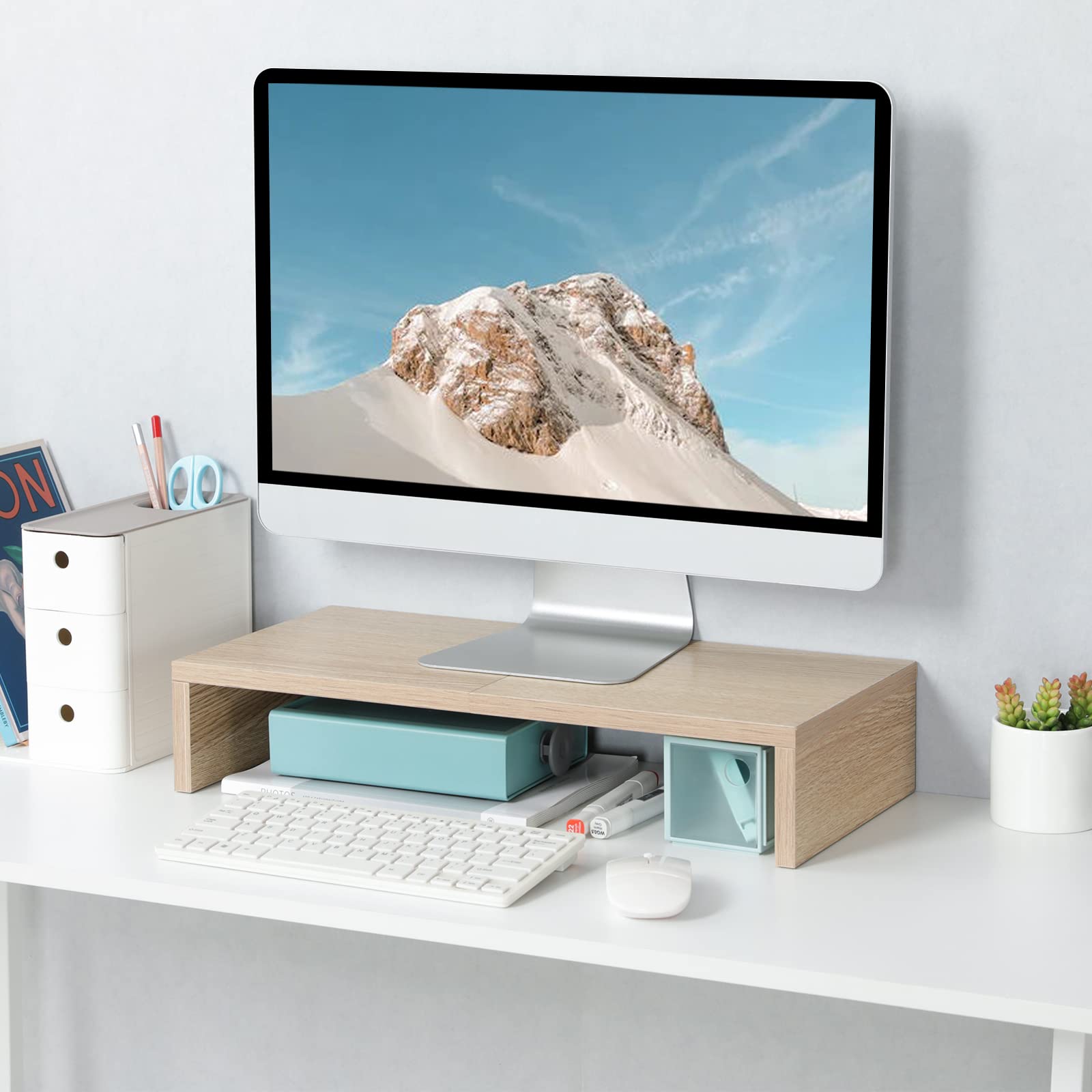 TEAMIX 20 Inch Wooden Monitor Stand Riser for Desk - Ergonomic Computer Monitor Riser with Keyboard Tray for PC, Laptop, TV, Printer | Perfect for Home Office, Gaming Setup & Workspace Organization