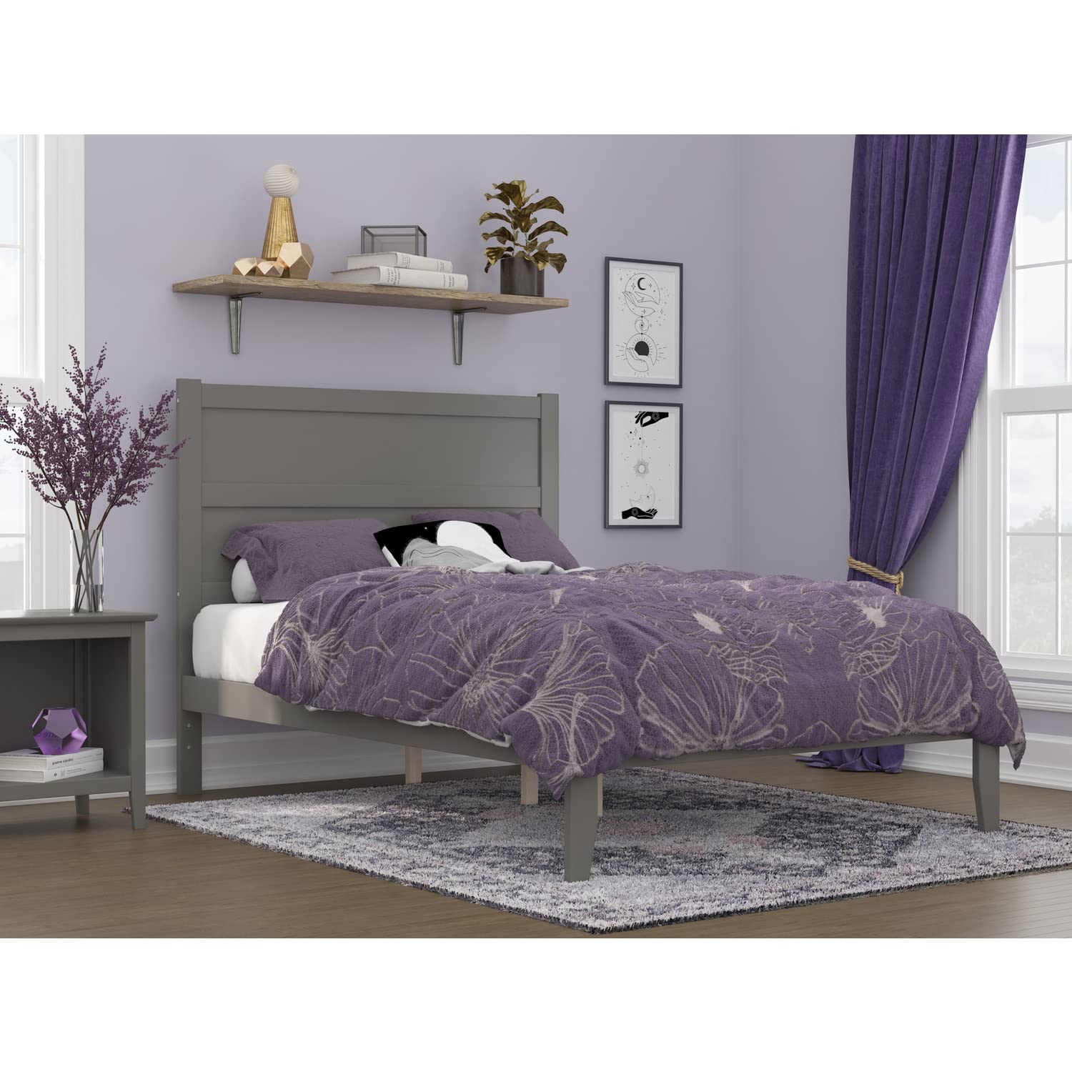 AFI NoHo Full Size Platform Bed Frame with USB Charging Station - Modern Grey Wooden Bed for Small Spaces - Perfect for Apartments, Dorms & Guest Rooms