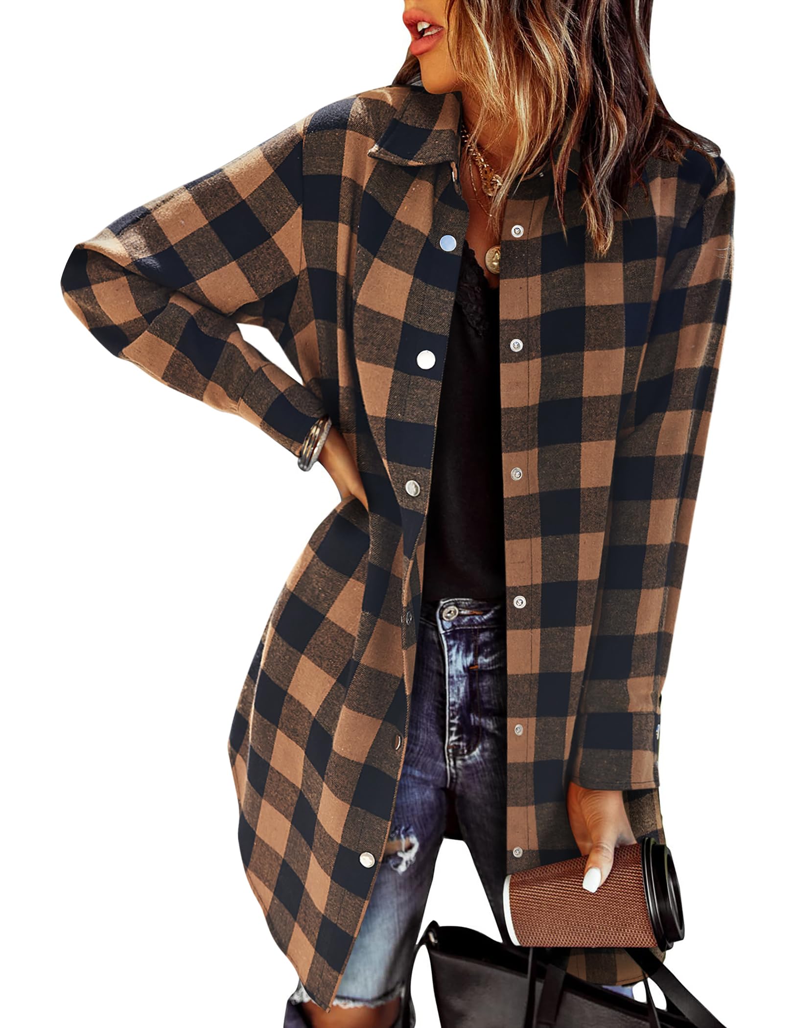 Zeagoo Women's Flannel Shacket - 2025 Fall Fashion Long Sleeve Plaid Button Down Shirt Blouse with Pockets | Casual Wear, Outdoor Activities, Layering for Cool Weather