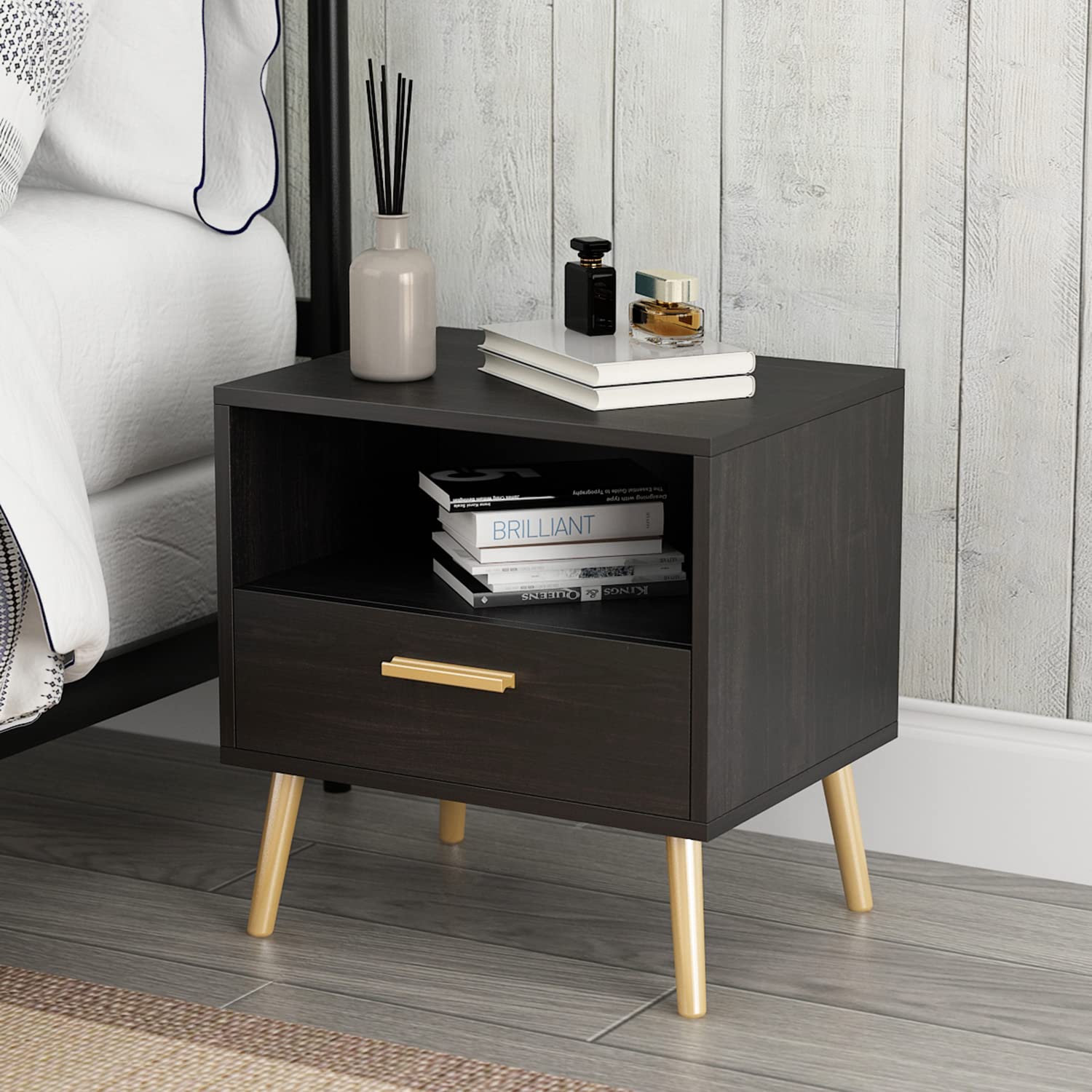 Modern Nightstand Set of 2 - Bedside Table with Drawer & Open Shelf, Gold Metal Legs End Table for Bedroom & Living Room, Black (19.5”L x 15.6”W x 20”H) - Perfect for Small Spaces, Apartment Decor & Guest Room Furniture