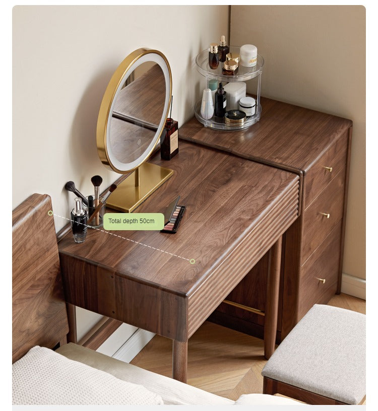 Premium Black Walnut Solid Wood Dressing Table Set with Mirror - Elegant Vanity Desk for Bedroom, Makeup & Beauty Organization