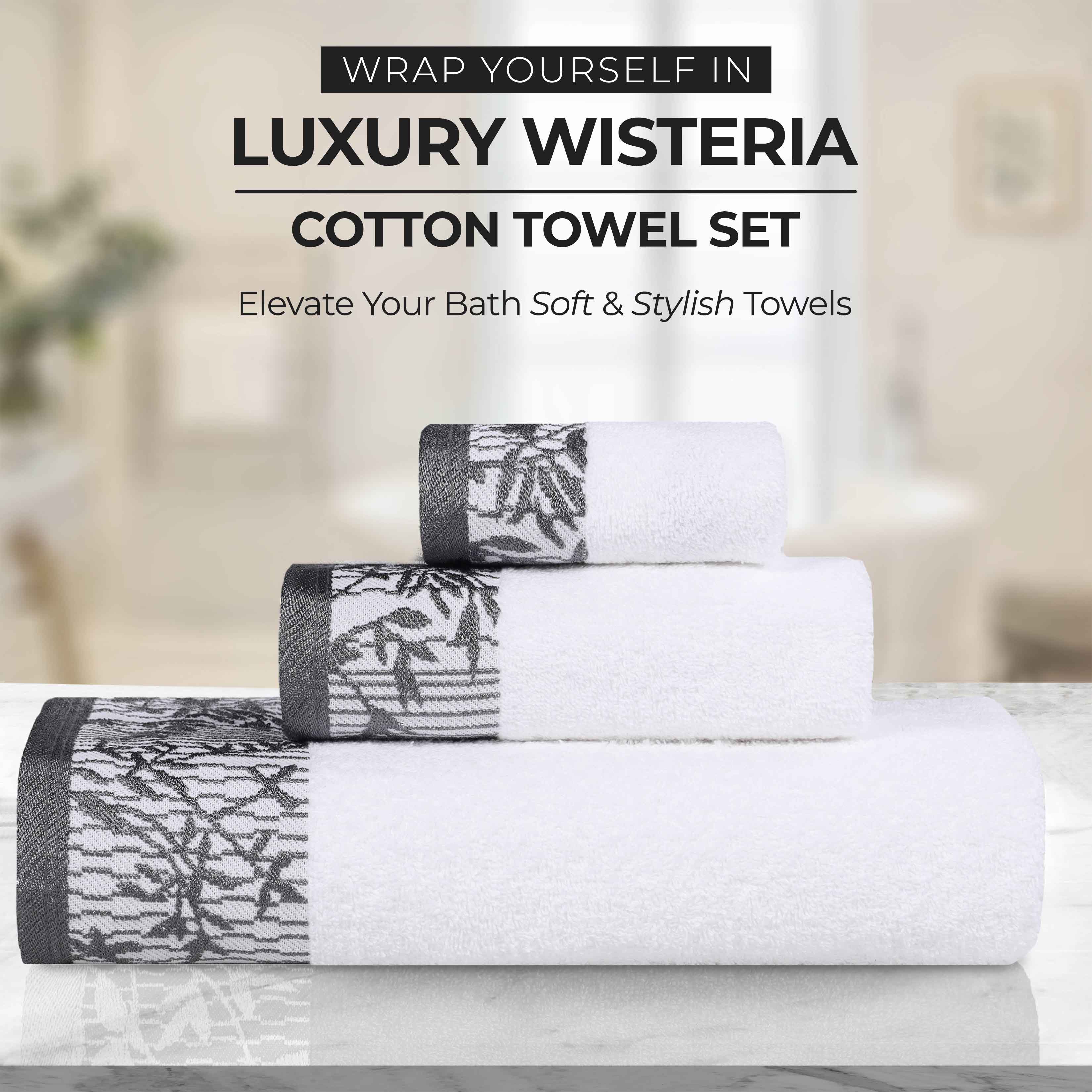 Premium Wisteria Cotton Floral Embroidered Jacquard Border Bath Towel Set of 2 - Soft Absorbent Luxury Towels for Spa, Bathroom & Guest Use