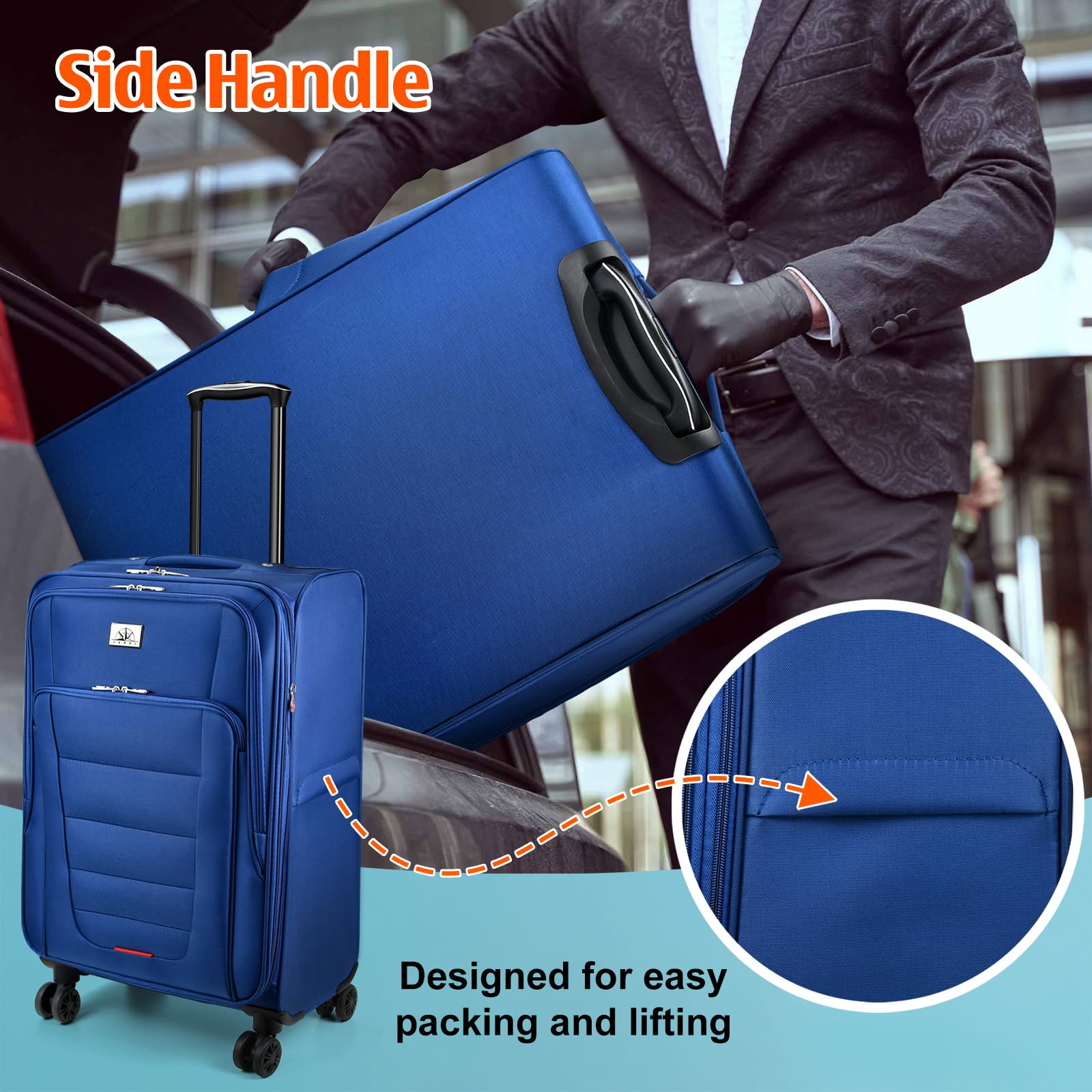 Verdi 24-Inch Expandable Lightweight Spinner Luggage - Softside Suitcase for Travel, Navy Blue, Checked-Large Size | Perfect for Air Travel, Business Trips & Family Vacations